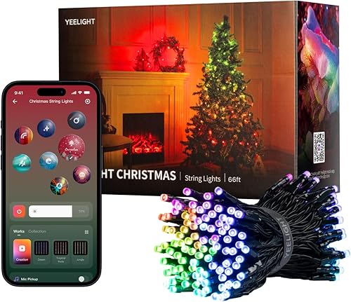 YEELIGHT Tira de luz RGB para árbol de Navidad, 66 pies con 200 LED, más de 20 efectos de iluminación preestablecidos, flujo de música, control de