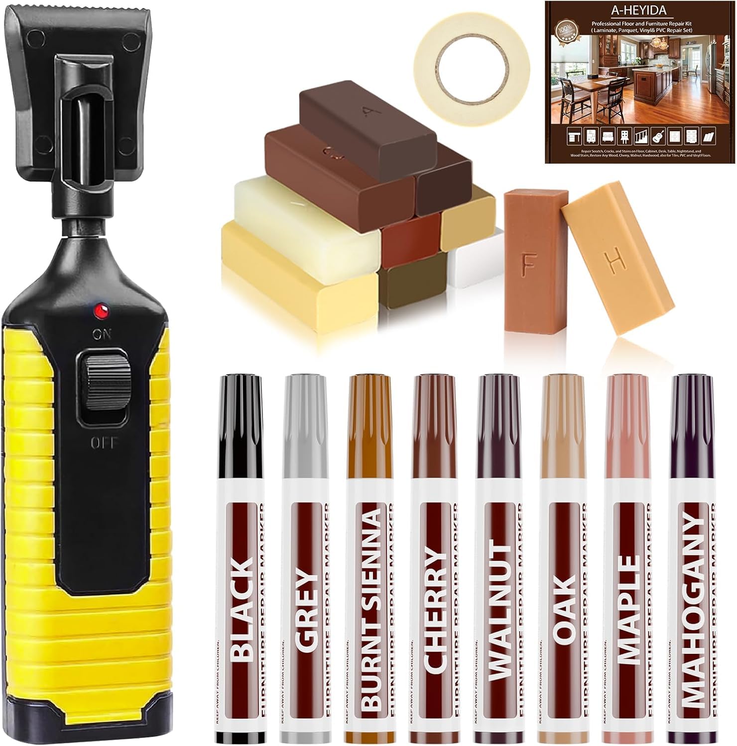 Juego de reparación de laminados – Juego de reparación de parquet con cera dura de 11 colores, solución fácil para reparar arañazos, agujeros, desgaste en madera, vinilo para suelos de madera y