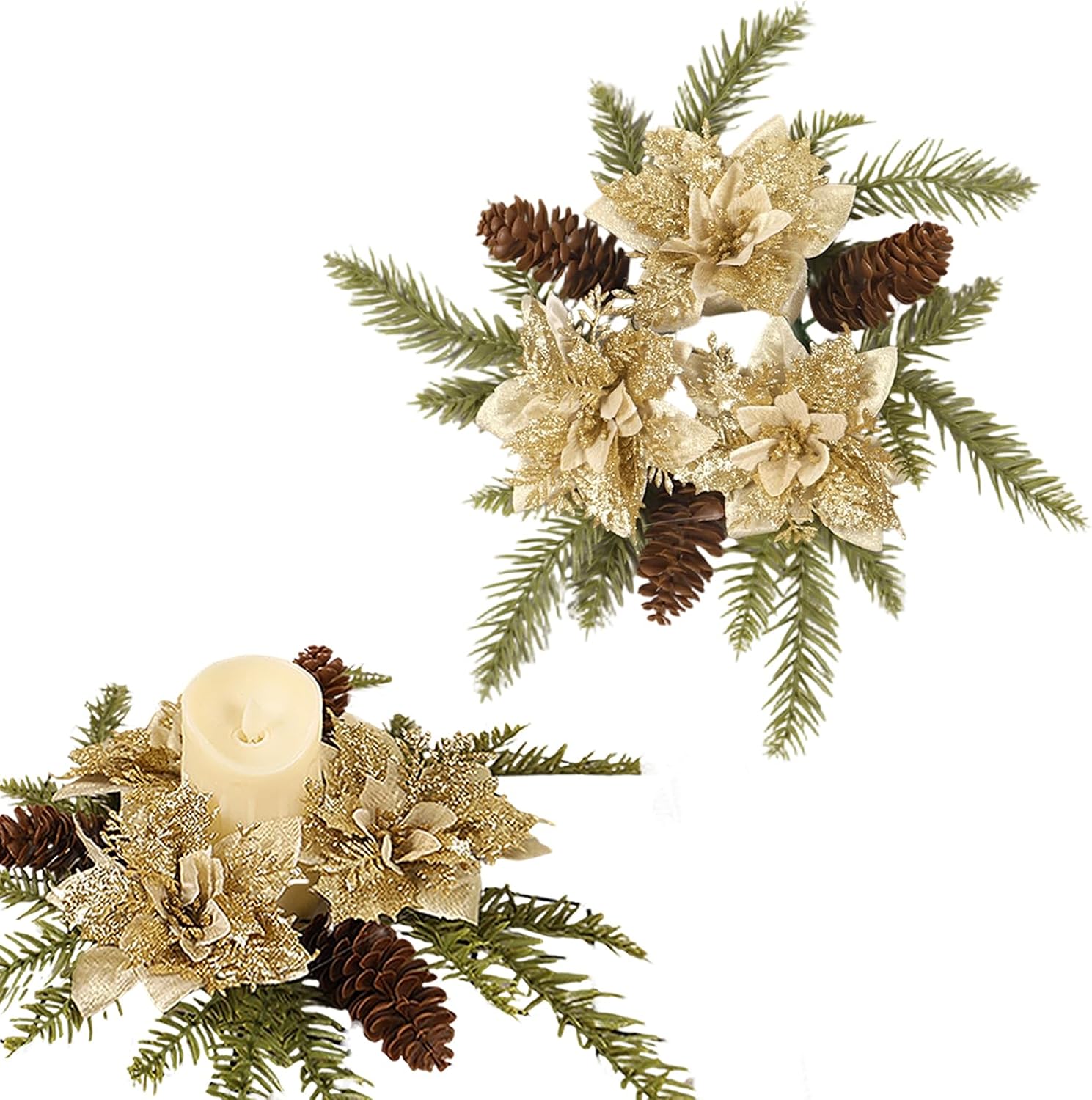Christmas Candle Ring Wreath Holder Artificial Golden Flower with Pine Candle Ring Garland for Xmas Winter Holiday Dinner Party Table Centerpiece Pillars Decoration Supplies