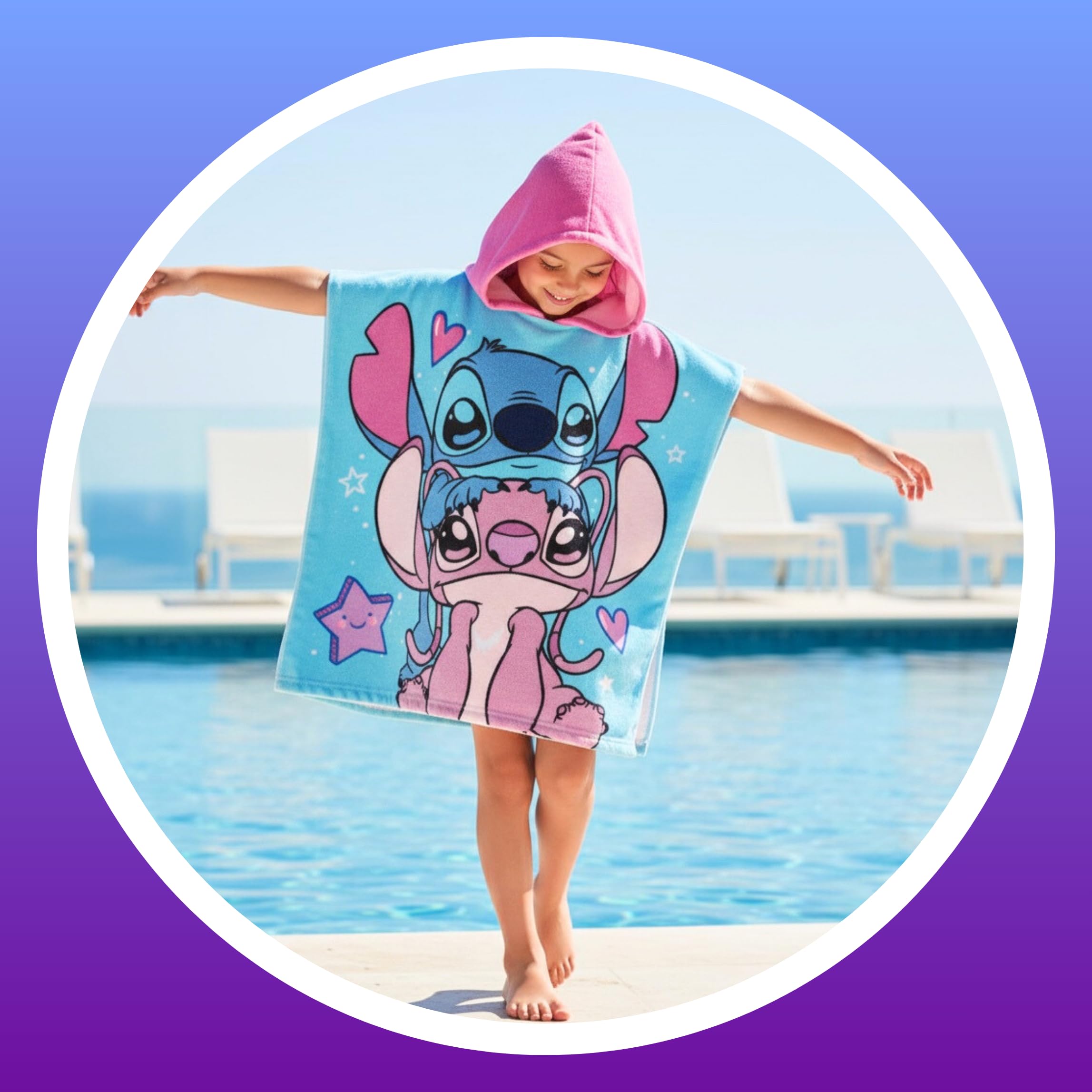 Disney Stitch y Angel Toalla Poncho para Niñas, Toalla de Playa, Toalla de Baño con Capucha, Toalla Natación Infantil
