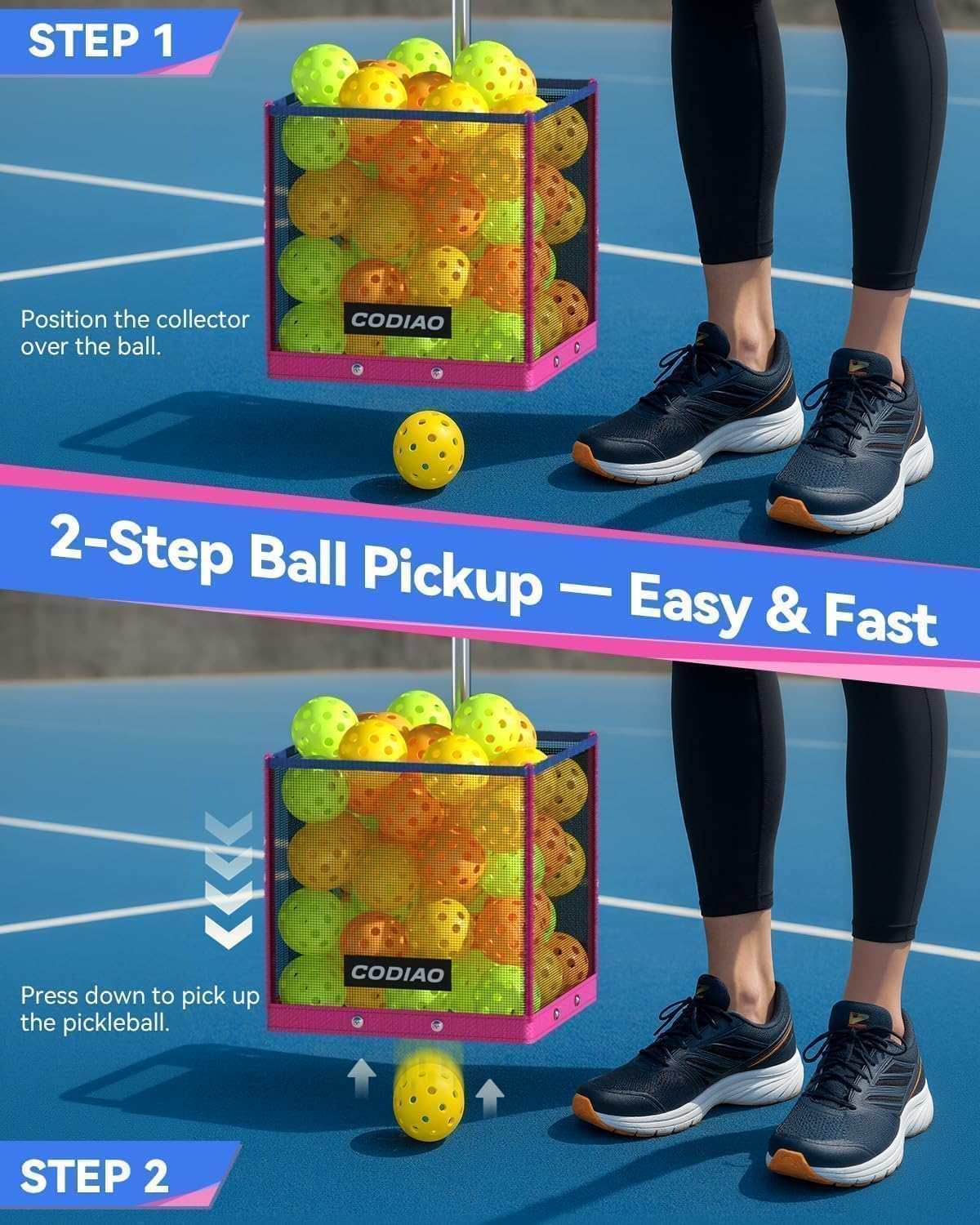 Pickleball Picker Upper 40+ Ball Capacity Hopper Holder, Foldable Basket with Telescopic Stainless Steel Handle, Quick Pickup No Bending Ball Retriever Collector, Portable for Court Training