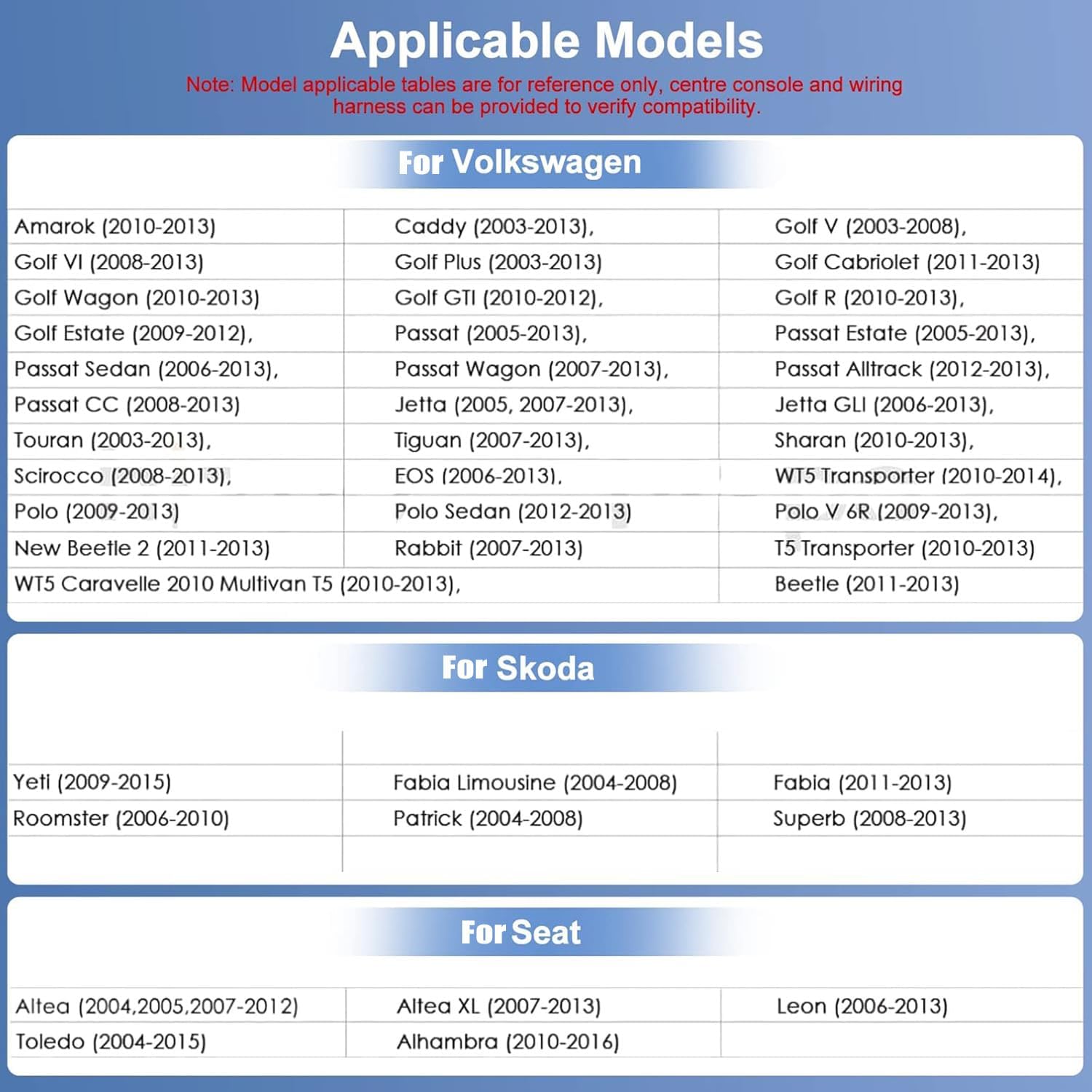 Table showing compatible Volkswagen, Skoda, and Seat vehicle models and their production years