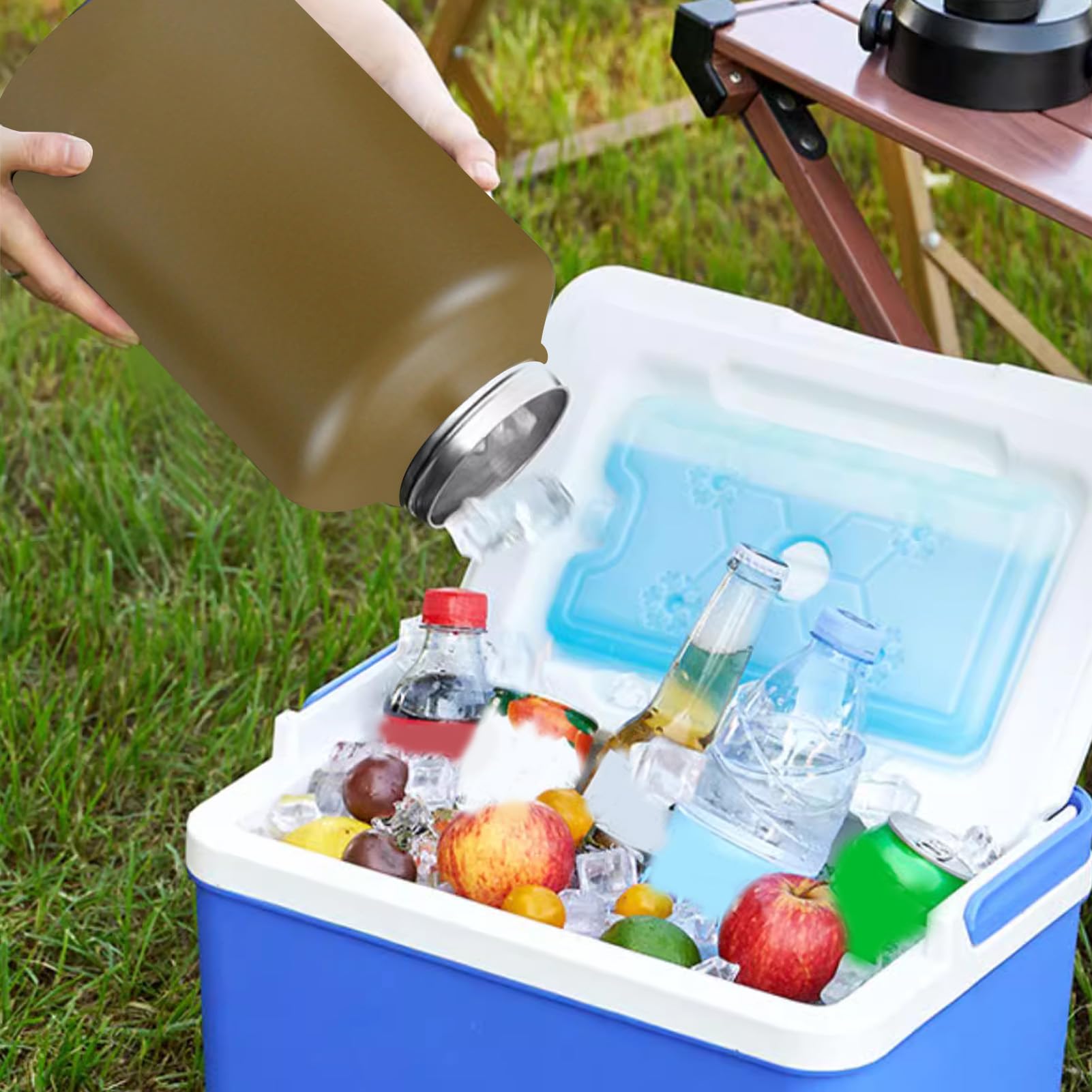 Isolierte Wasserflasche, 1,9 L, Großes Fassungsvermögen, Doppelwandige Vakuum-Sportwasserflasche aus Edelstahl mit Griff, Weithalsiger Reisebecher für Camping, Wandern, (Khaki)