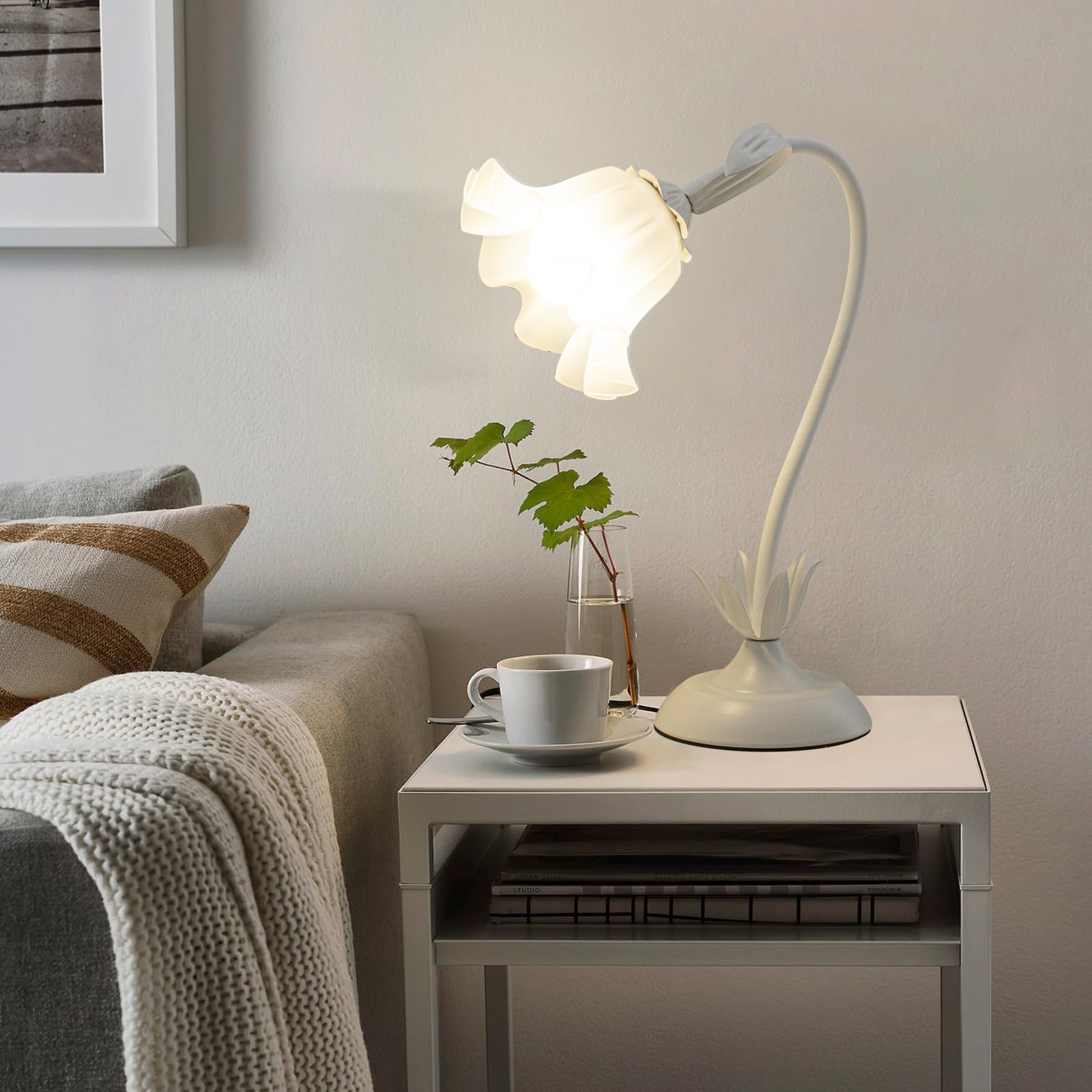 Biała lampa nocna, akrylowa lampa stołowa z kwiatami, metalowa lampka biurkowa dla dziewczynek, abażur z akrylu, wolno obrotowa lampa do sypialni, salonu, z trójkolorowym oświetleniem, 50 cm