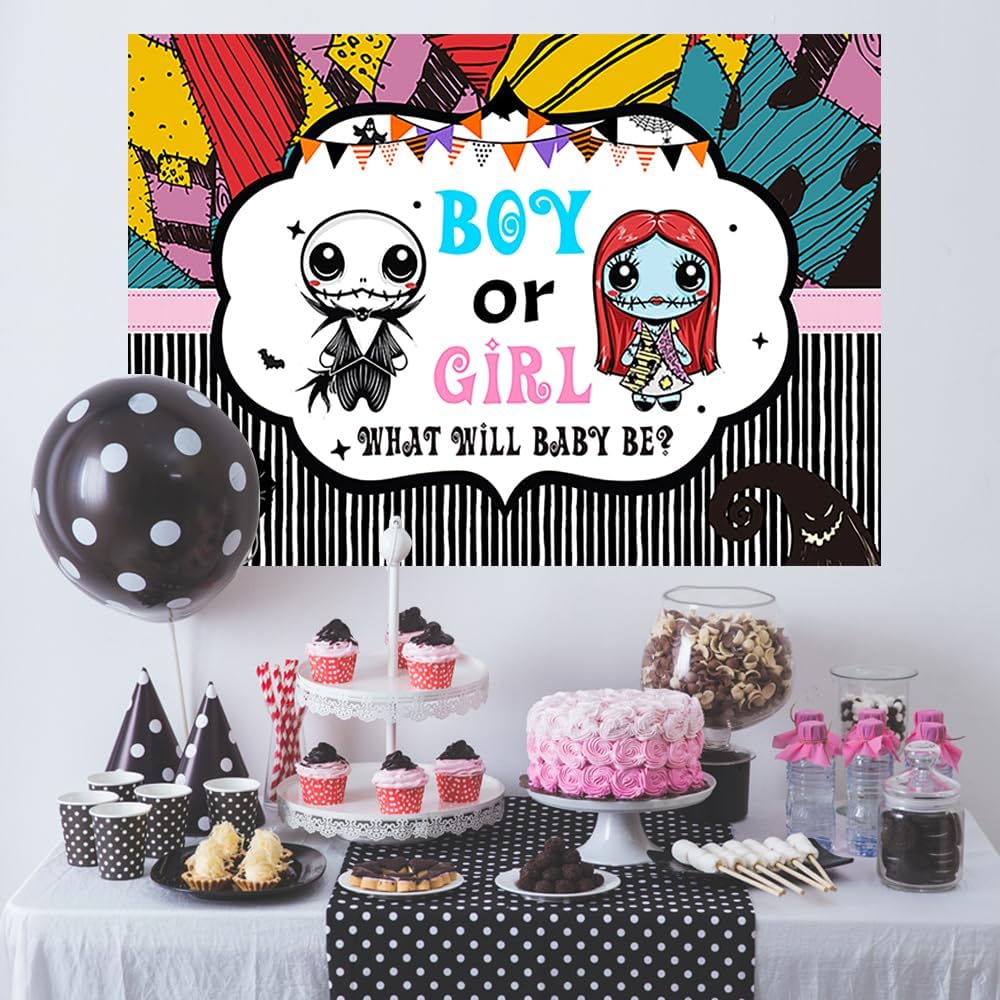 ZHJCXYQQK Nightmare Gender Reveal Backdrop for Party Supplies 5x3ft Halloween Photo Backgrounds Nightmare Before Christmas Baby Shower Banner for Cake Table Decoration