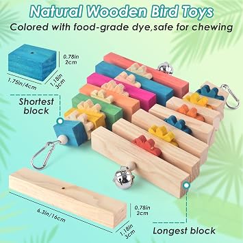 DBNESS Bird Toys, 2 Pcs 12.6in Parrot Chewing Toys for Beak Grinding and Colorful Natural Wooden Block Bird Cage Accessories for Medium Cockatiels African Greys Senegals Amazons