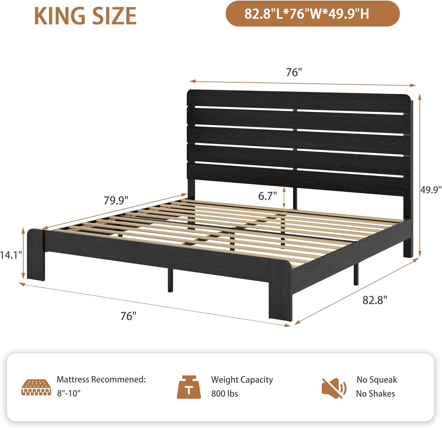 King Size Bed Frame with Wooden Headboard and Footboard, Rustic Platform Bedframe, Wood Slats Support, No Box Spring Needed, Under Bed Storage, Easy Assembly, Black