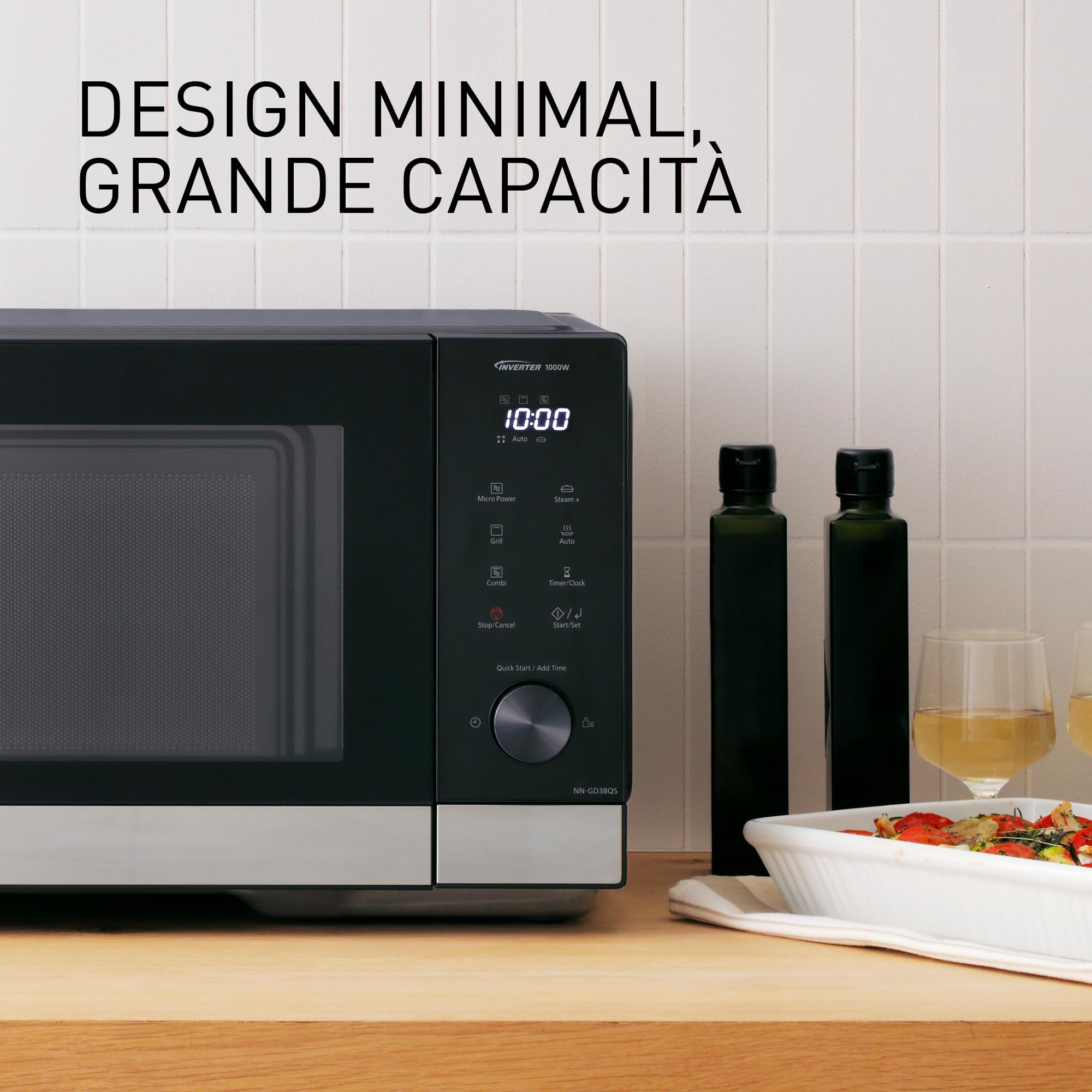 Panasonic NN-GD38QSEPG Forno a Microonde Grill 29L con Teglia Steam+, 1000W, Scongelamento Automatico, Cottura Combinata, Timer, Nero e Acciaio Inox
