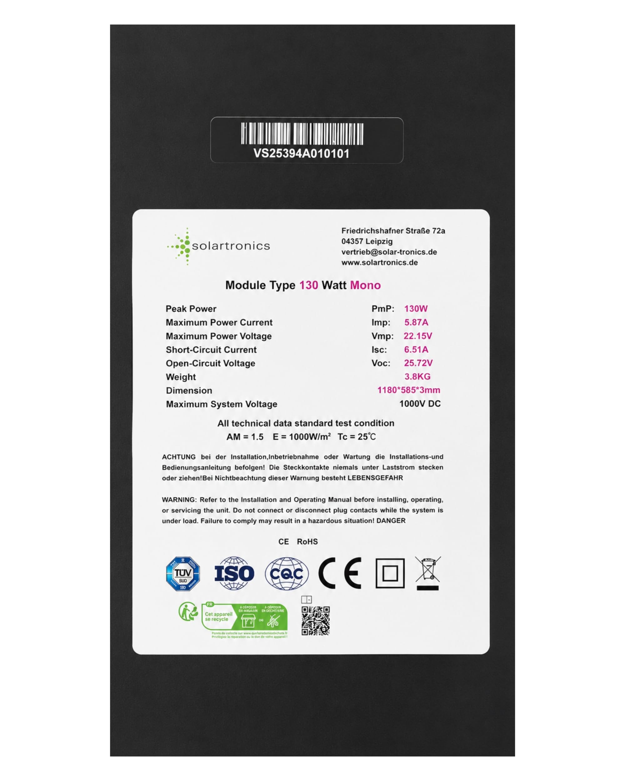 SOLARTRONICS Pannello solare monocristallino da 130 W, tecnologia 18-bus, 1180 × 585 × 3 mm, 3,8 kg, 6,51 A