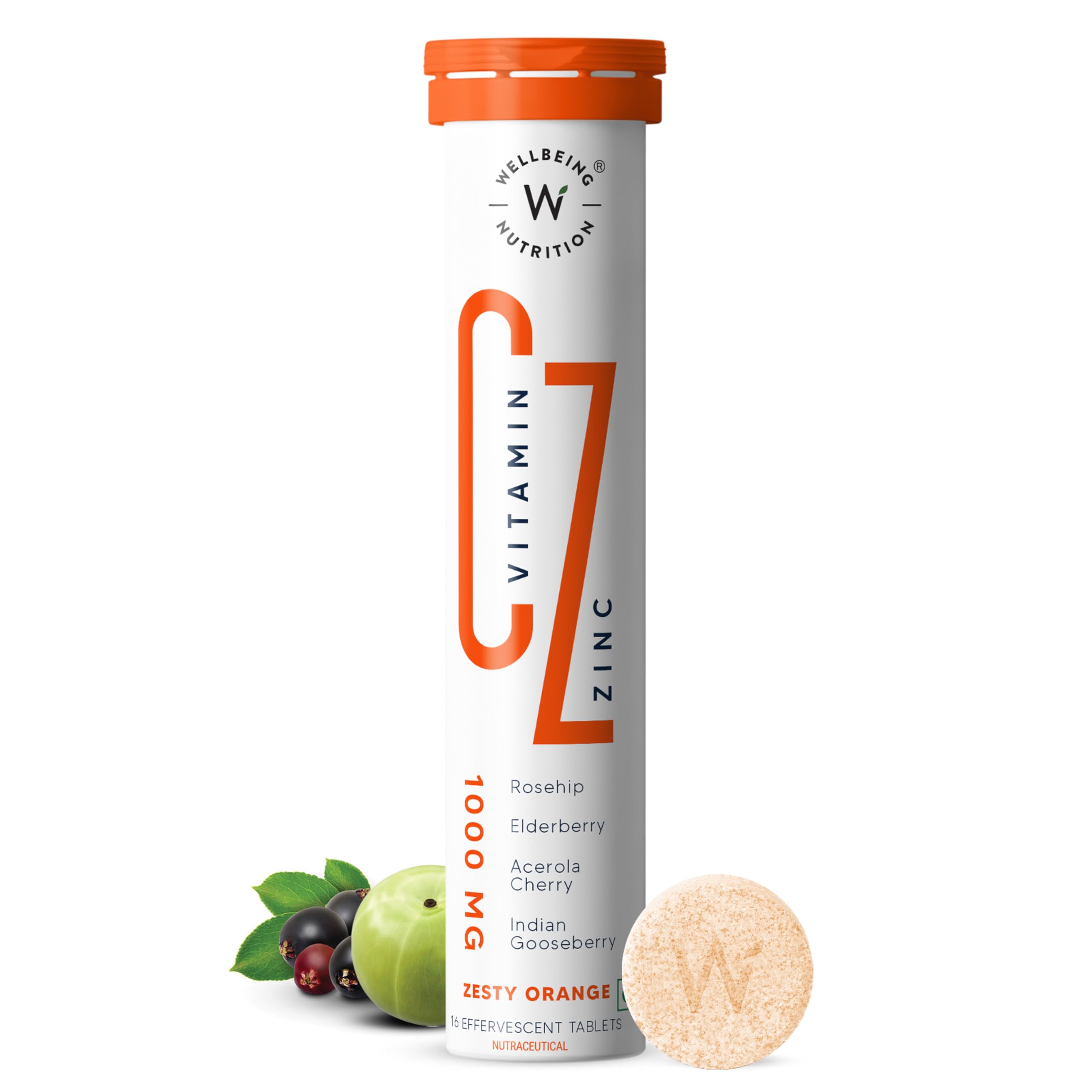 Natural Vitamin C + Zinc 1000mg with Amla, Rose Hip, Acerola Cherry | Organic Immunity Booster, Helps Build Collagen for Healthy Hair, Skin & Nails, 16 Effervescent Tablets