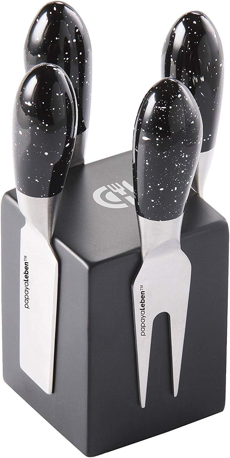 5 Piece Cheese Knife Magnetic Block Set LFGB Certified Safe Stainless Steel Cheese Knife and Fork with Wooden Magnetic Block