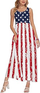 Women's July 4th Independence Day Crew Neck Memorial Day Maxi Dress with Pockets - Buy now