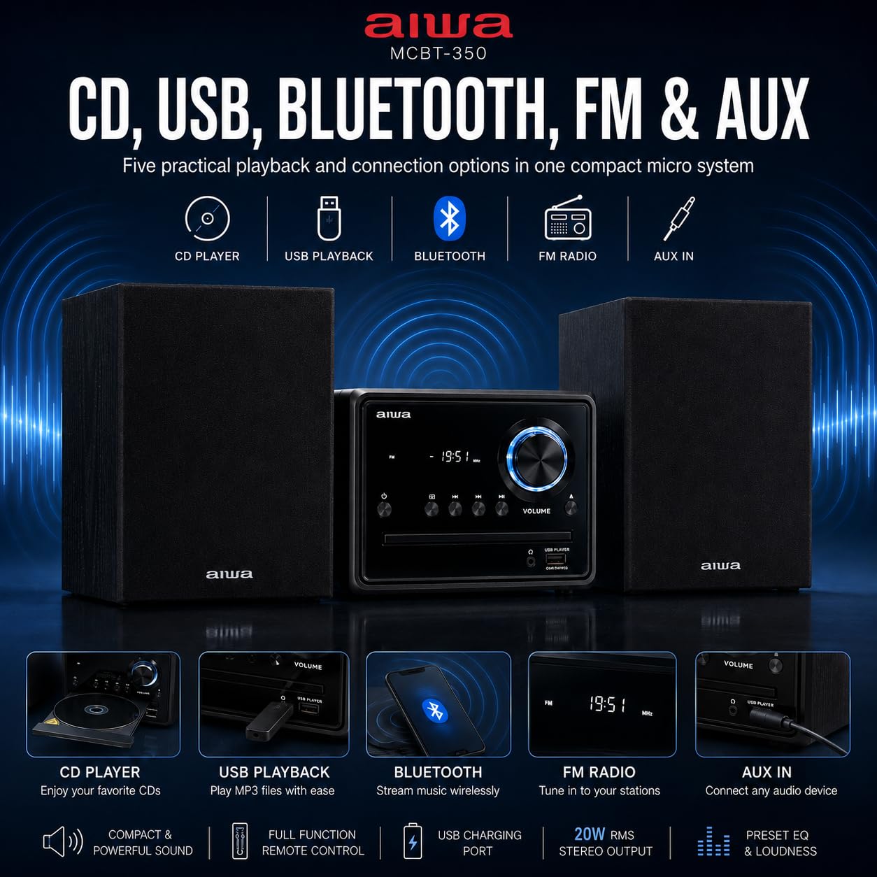 AIWA - MCBT-350, Mini Sistema Hi Fi Clase D de 20 W, Reproductor de CD MP3, Bluetooth 4.2 inalámbrico, Radio FM Digital 40 emisoras, USB Reproducción de Carga, entradas RCA, Salida de Auriculares