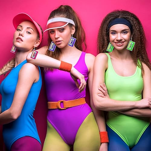 Miniatura 6 de Hicarer 3 pares de aretes de cinta de casete de los años 80 y 90 de neón para mujer, accesorios de joyería de los años 80 y 90, colgante retro de