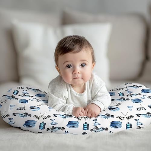 Miniatura 3 de Bonita funda de almohada de lactancia con bandera de coche de carreras, elástica, extraíble, para bebés, niñas, niños, carreras azules, vehículos,
