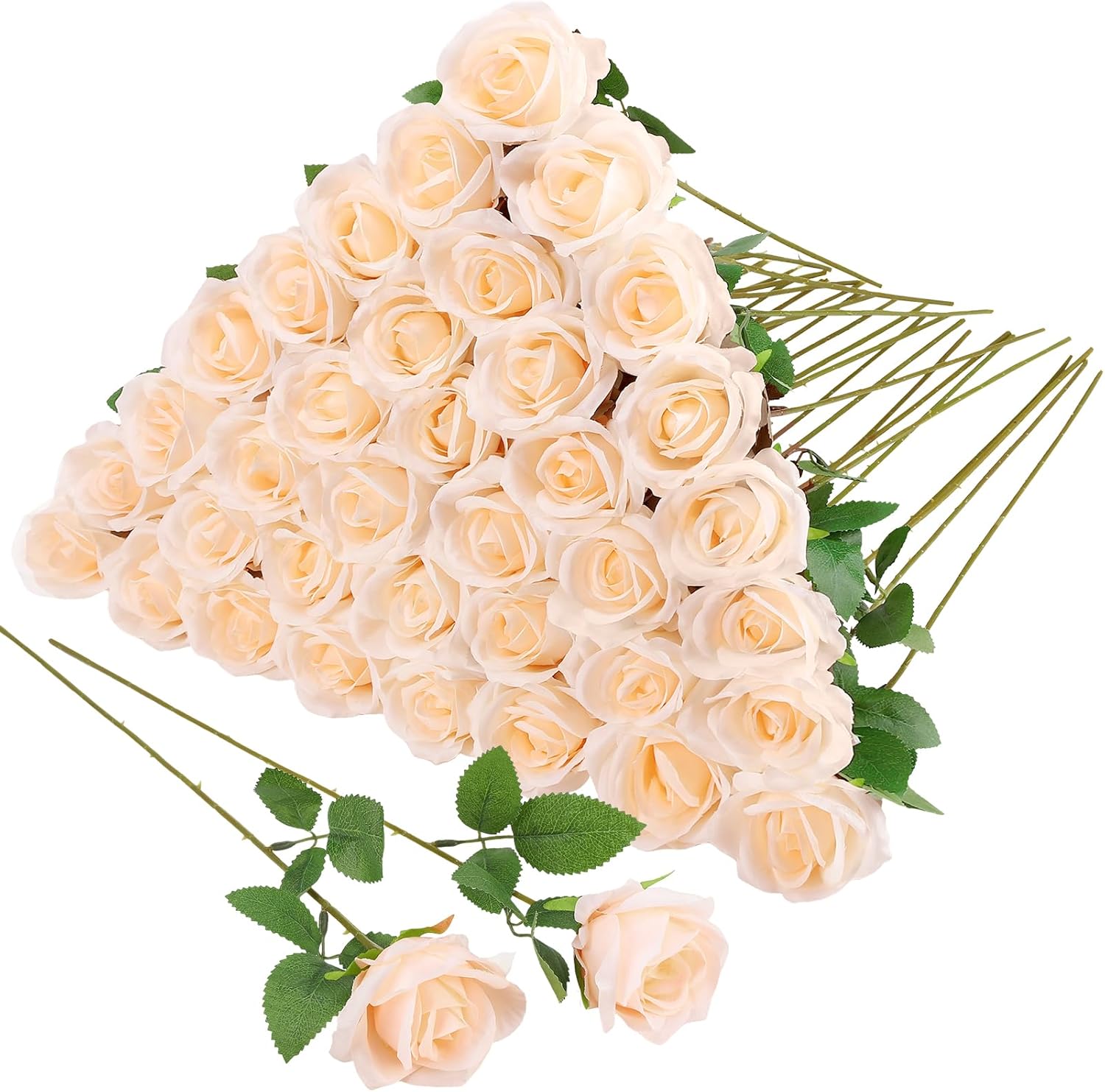 Hoemwarm 36 Pcs Champagne Artificial Roses with Long Stems, Fake Silk Rose Artificial Flowers Bulk for Bridal Wedding Bouquet Centerpiece Ball Arrangement Party Decor