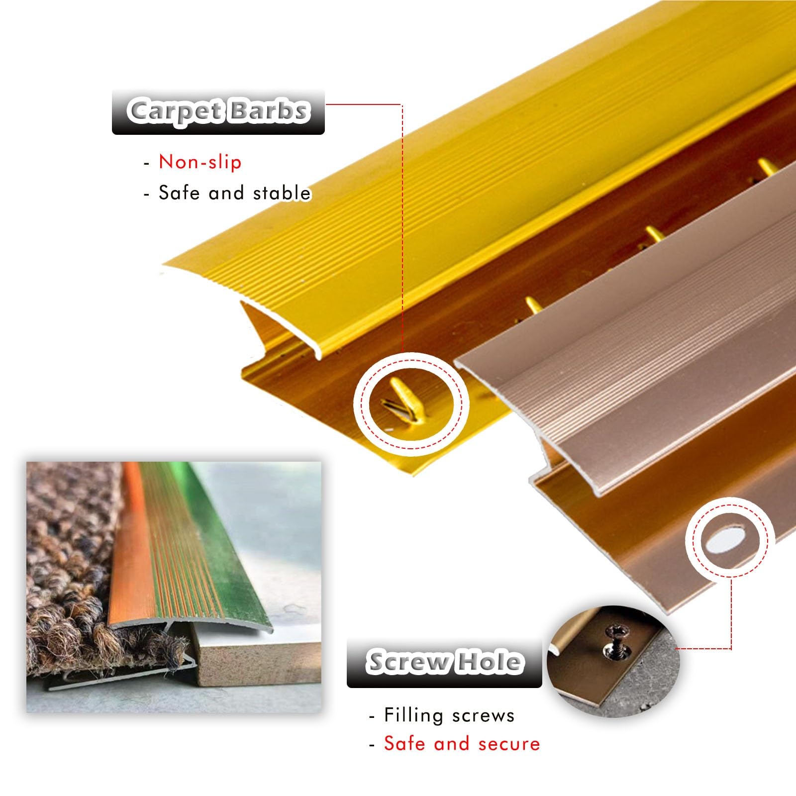 Czarna listwa przejściowa podłogowa aluminiowa, 90 100 110 120 130 140 150 160 170 180 cm długości, redukująca próg dywanu/płytki/wykończenie krawędzi dywanu, łatwa,L- 170cm/67in