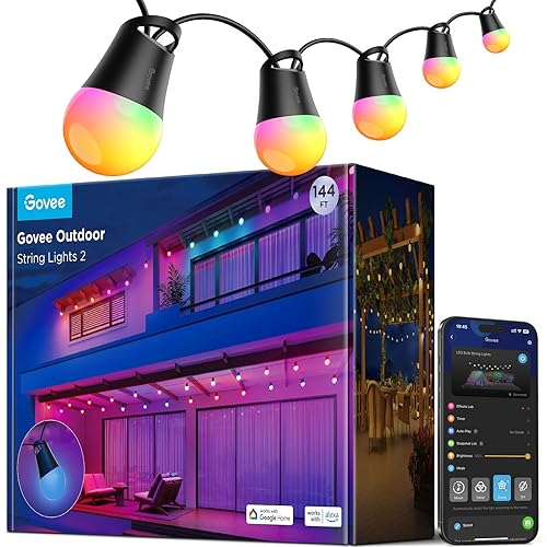 Govee Smart Outdoor String Lights 2, 144ft Outdoor Lights with Dimmable Warm White LED Bulbs, 47 Scene Modes for Patio, Backyard, Balcony, IP65 Waterproof, Works with Alexa, App Control