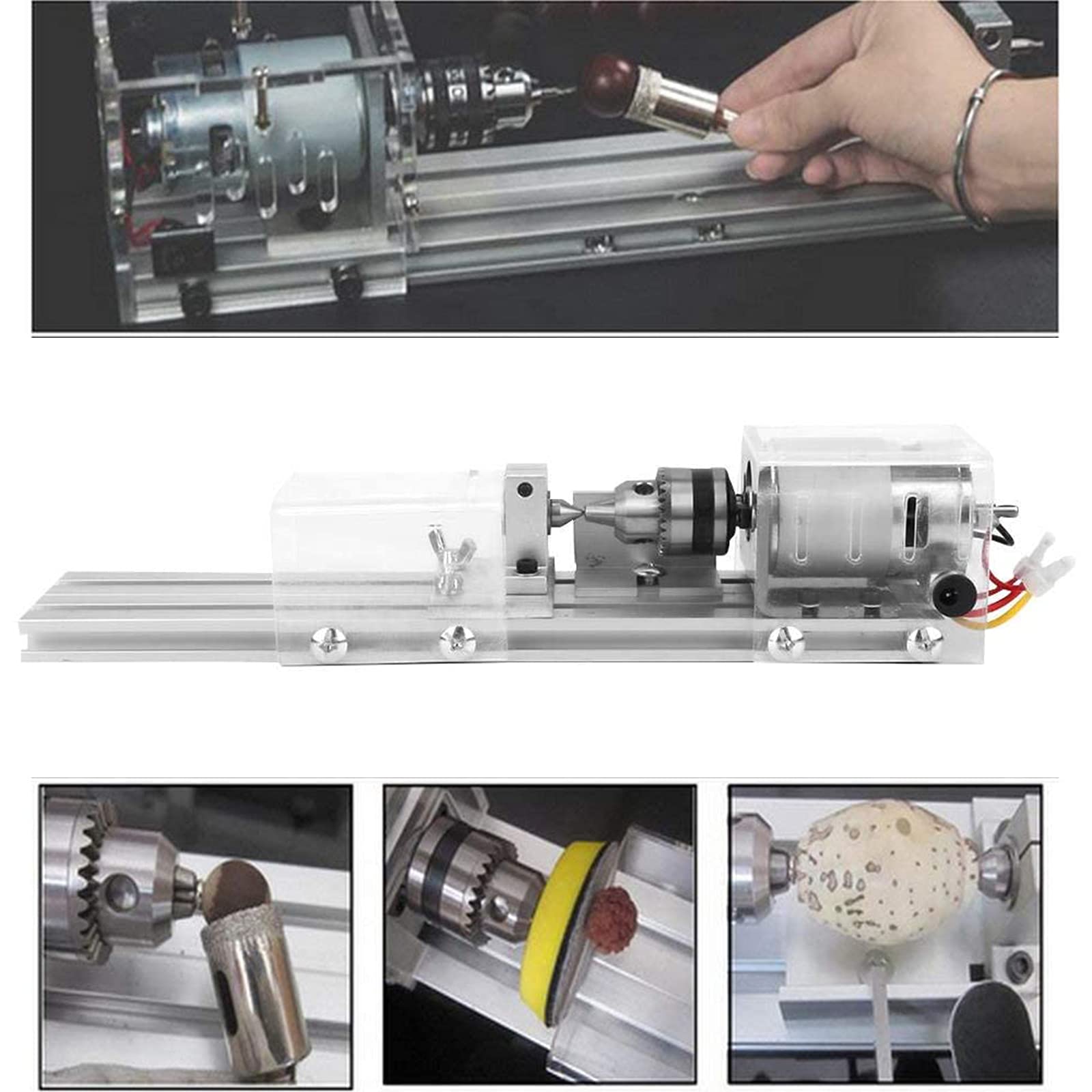 100W Mini Torno De Madera, Mini Beads Machine Torno Miniatura, Mini Torno Cuentas Pulidora, Mini Tornos De Sobremesa De Metal, DIY Torno Herramienta De Pulido Rotary DC12-24V