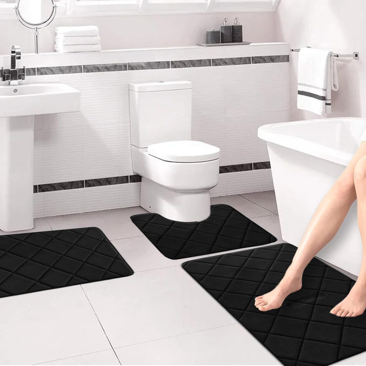 Foam Bath Mat Set Black Bathroom Rug Set 3 Piece Nonslip Toilet Rugs U Shaped Bathroom Rugs Sets