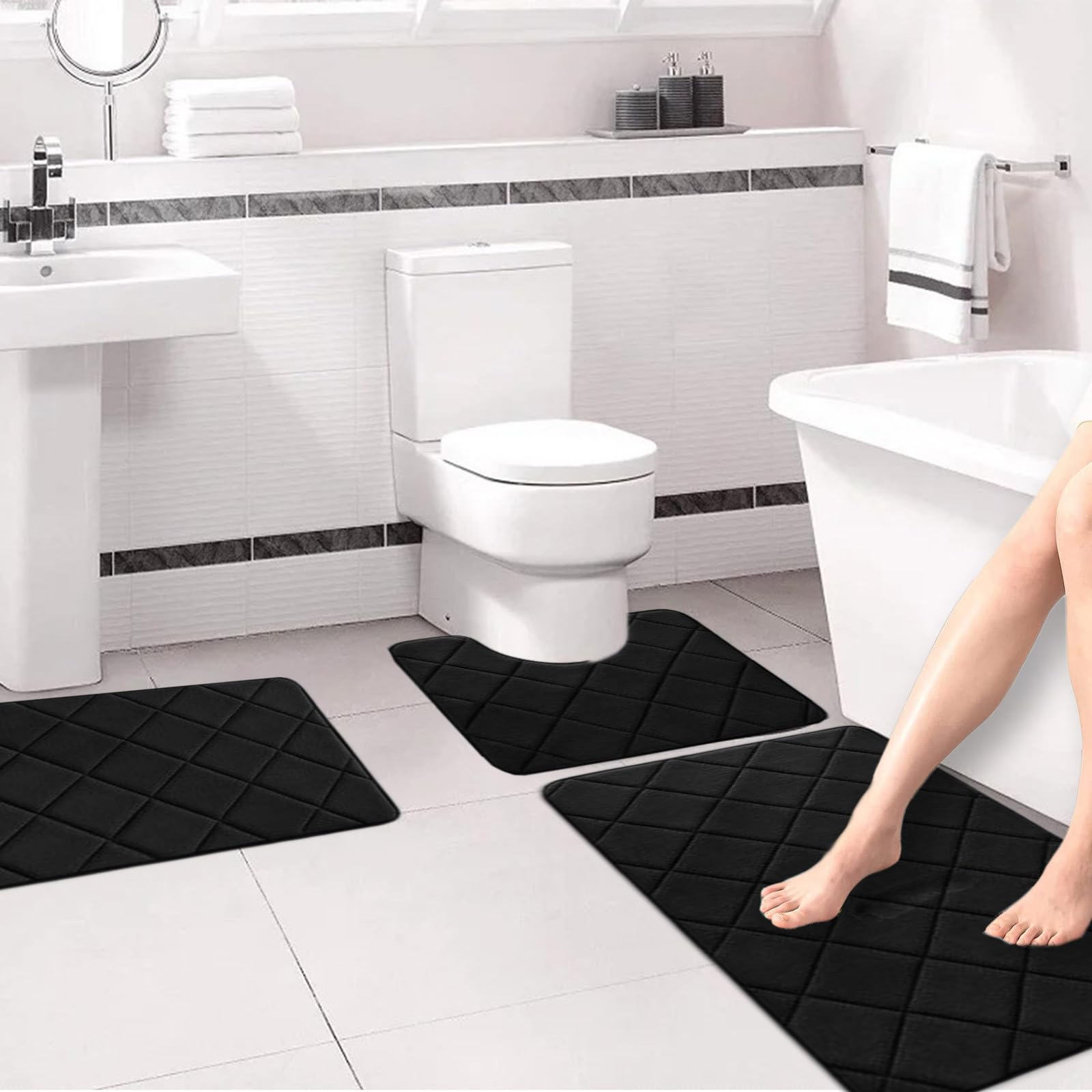 Foam Bath Mat Set Black Bathroom Rug Set 3 Piece Nonslip Toilet Rugs U Shaped Bathroom Rugs Sets