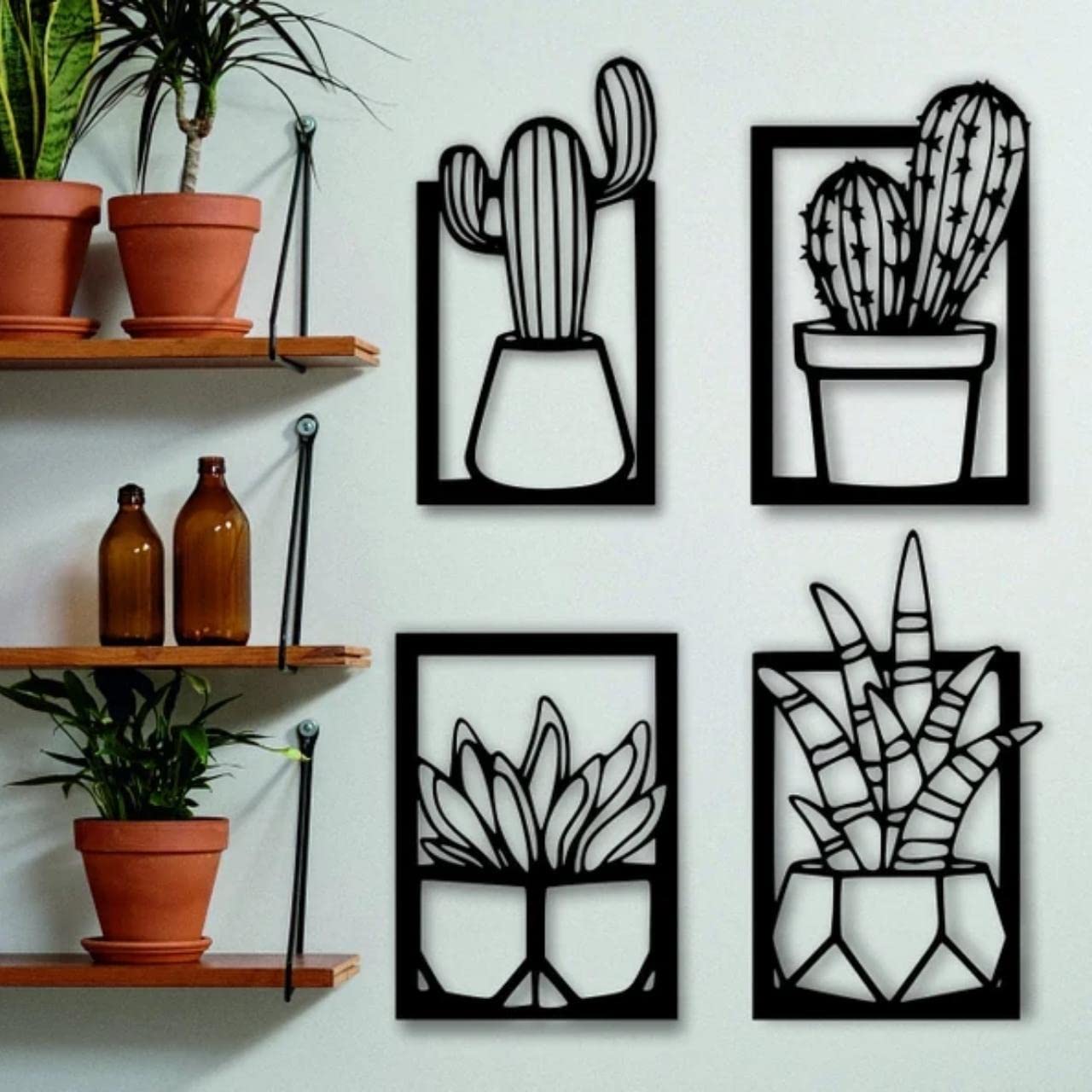 ecofynd Pack of 4 Succulent Plants Wall Decor, Good vibes Cutout Wooden Frame Art for Home, Bedroom, Living Area, Office, Café, Made with Water Resistant MDF Sheet (Black Color)