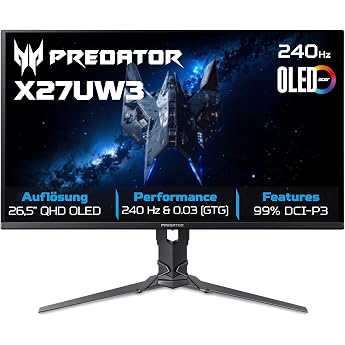 Acer Predator X27UW3 OLED Gaming Monitor 27 Inch (67.3 cm), WQHD, 240Hz | 27 inch (67.3 cm screen) WQHD, QD-OLED, 240Hz, 0.03