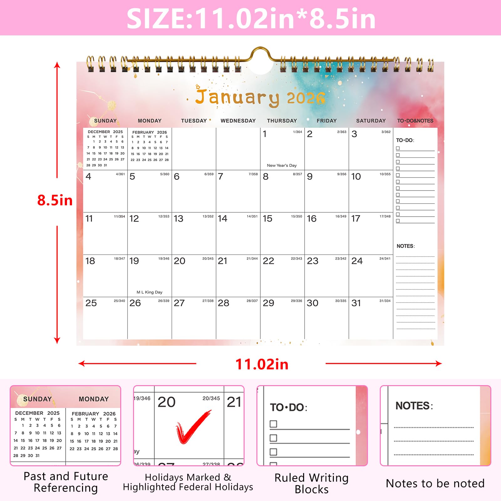Calendario da parete 2025-2026, include da gennaio 2025 a giugno 2026, calendario da parete in carta da 18 mesi, 28 x 21 cm. Carta spessa con date giuliane e blocco per Capodanno e vacanze di Natale