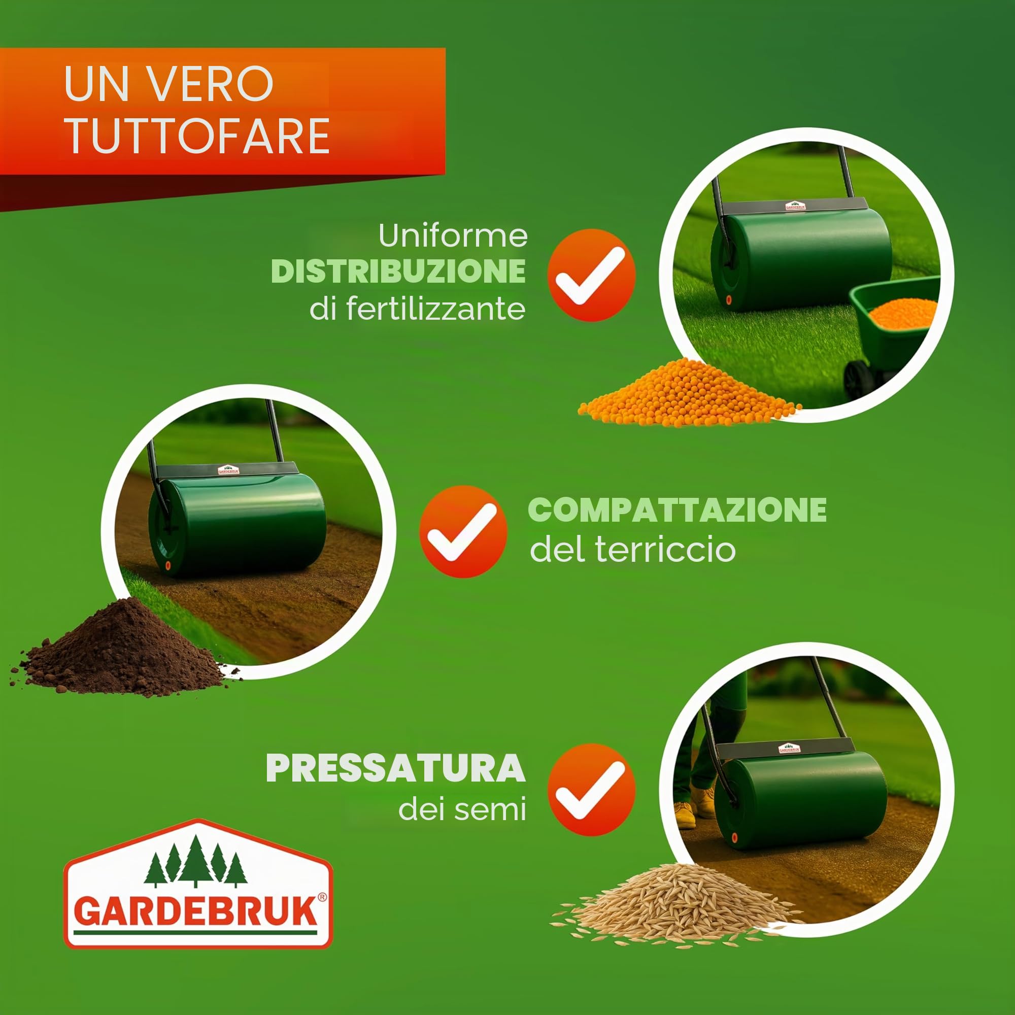 Gardebruk Rullo da Giardino 60 cm Ø32 Capacità 50 L Apertura Laterale Livellare Prato