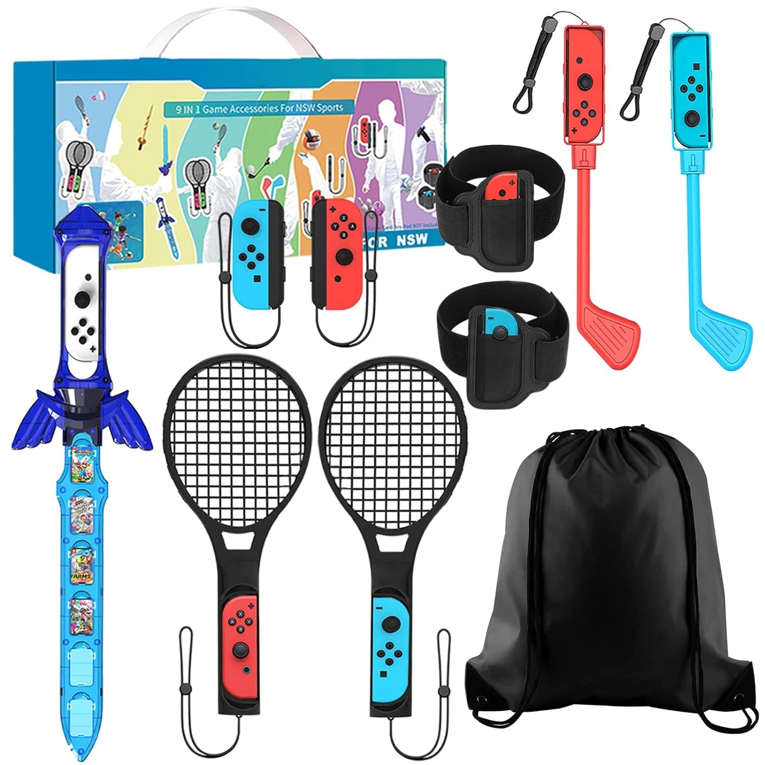 CENXI 9 IN 1 Game Accessory Kits For Nintendo Switch Sports, Mario Tennis Ace Rackets +Golf Clubs for Mario Golf Super Rush