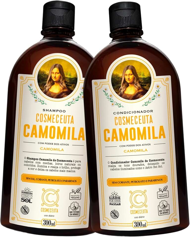 Kit Shampoo e Condicionador Veganos COSMECEUTA Camomila – Realce dos Tons Dourados, Brilho e Maciez para Cabelos Loiros Naturais, Tingidos e com Mechas – 2x300ml