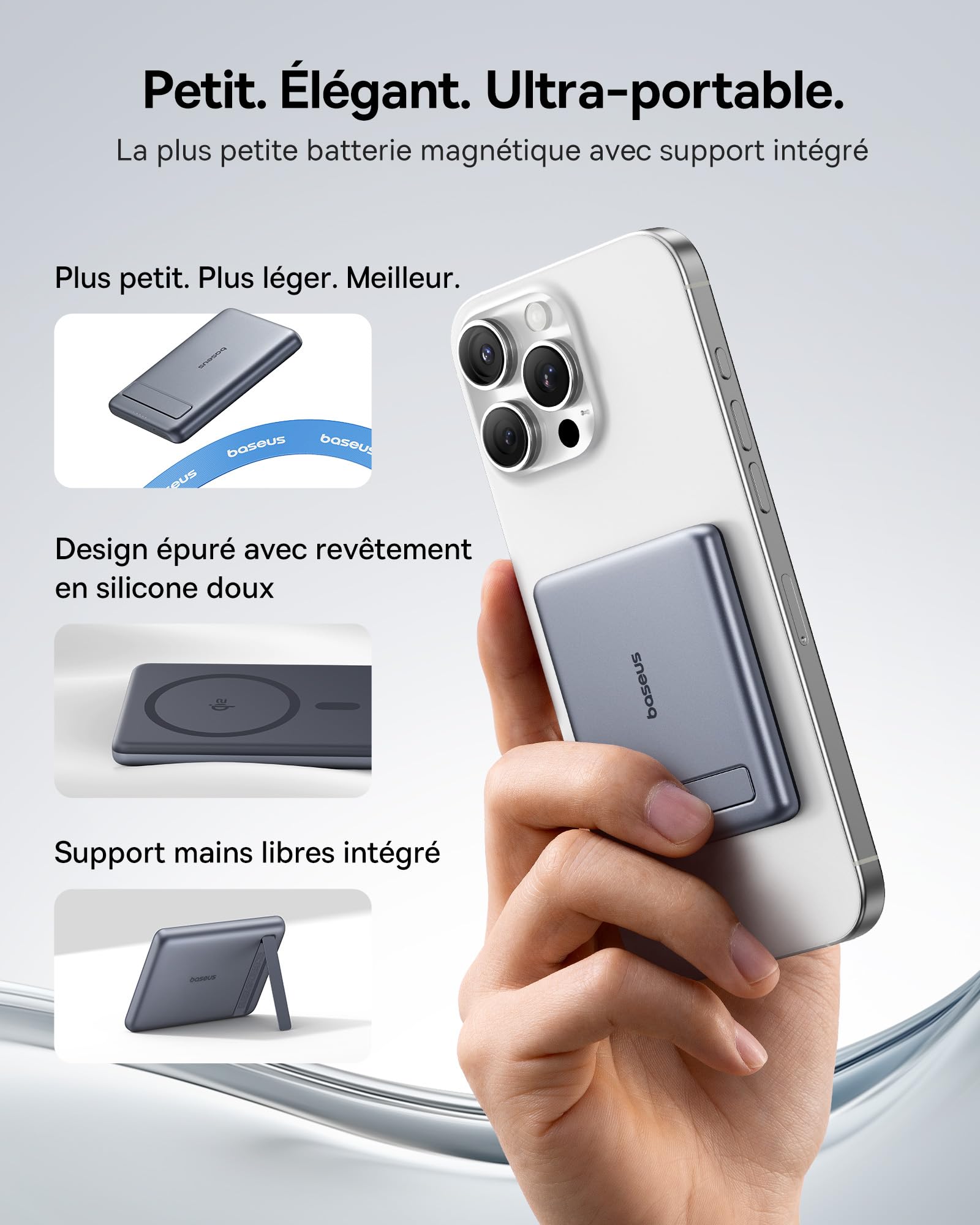 Baseus Mini MagSafe Powerbank 5000 mAh certifié Qi2 avec Support Pliable, PD 20 W, Batterie Externe magnétique USB C, sans Fil, Compatible avec iPhone 17/16/15/14/13/12/Pro/Pro Max, Gris