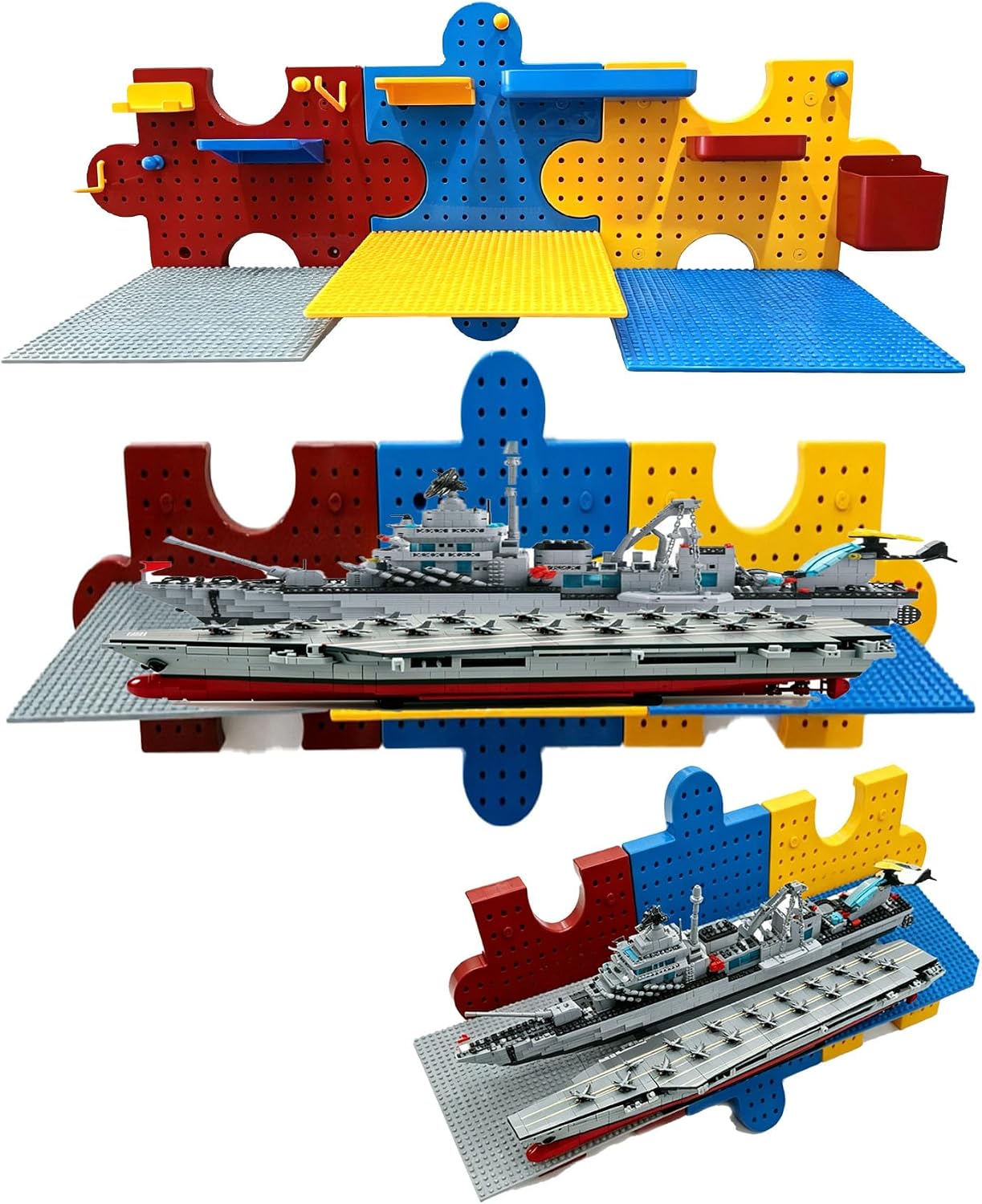 3-Sets Lego Display Shelves Compatible with Lego Building Bricks & Storage Rack, Large Size 9.45x9.45inch with Background Panel,Studs for Brick Display and Storage, for Medium & Large Brick