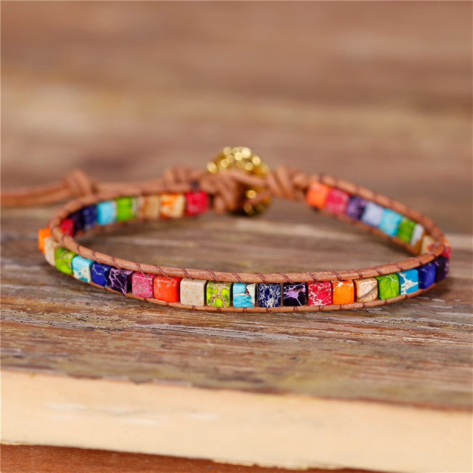 7 Chakra-Perlen-Armband, Mehrfarbig, Naturstein, quadratische Perlen, Leder-Wickelarmband, Liebhaberarmbänder, Geschenke, Schmuck, Armband, Schmuck