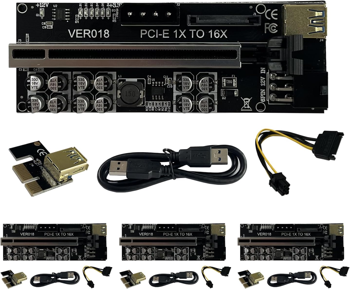 WEETOTUNG 4 Pack PCI-E Riser Card 018 PCI-E 1X to 16X Riser Card Graphics Extension for GPU Mining with USB3.0 port, 6pin power port,4pin power port, 12 Solid Capacitors and LED indicator