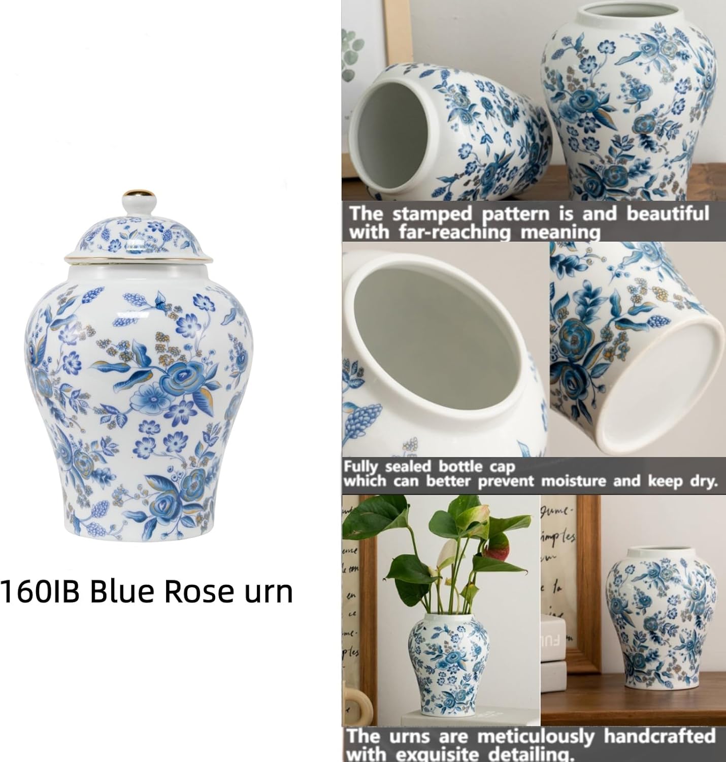 Blue Rose Urn Adult Ashes - 10 inches 160 lb Ceramics Decorative Memorial Large Urn, Capacity 160 Cubic inches Flowers Funeral Keepsake Big urn for/Humans/Female/Pet
