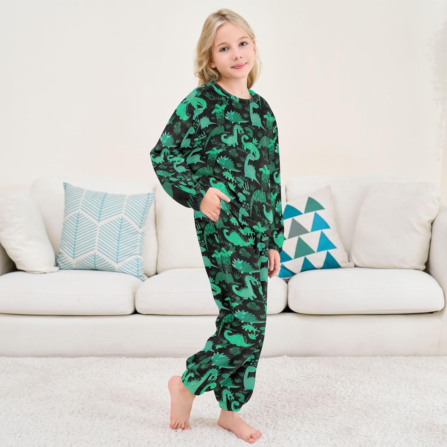 Dino Jungle Green Teal Plush Pajama Set Cozy Coral Fleece 2 Piece Sleepwear