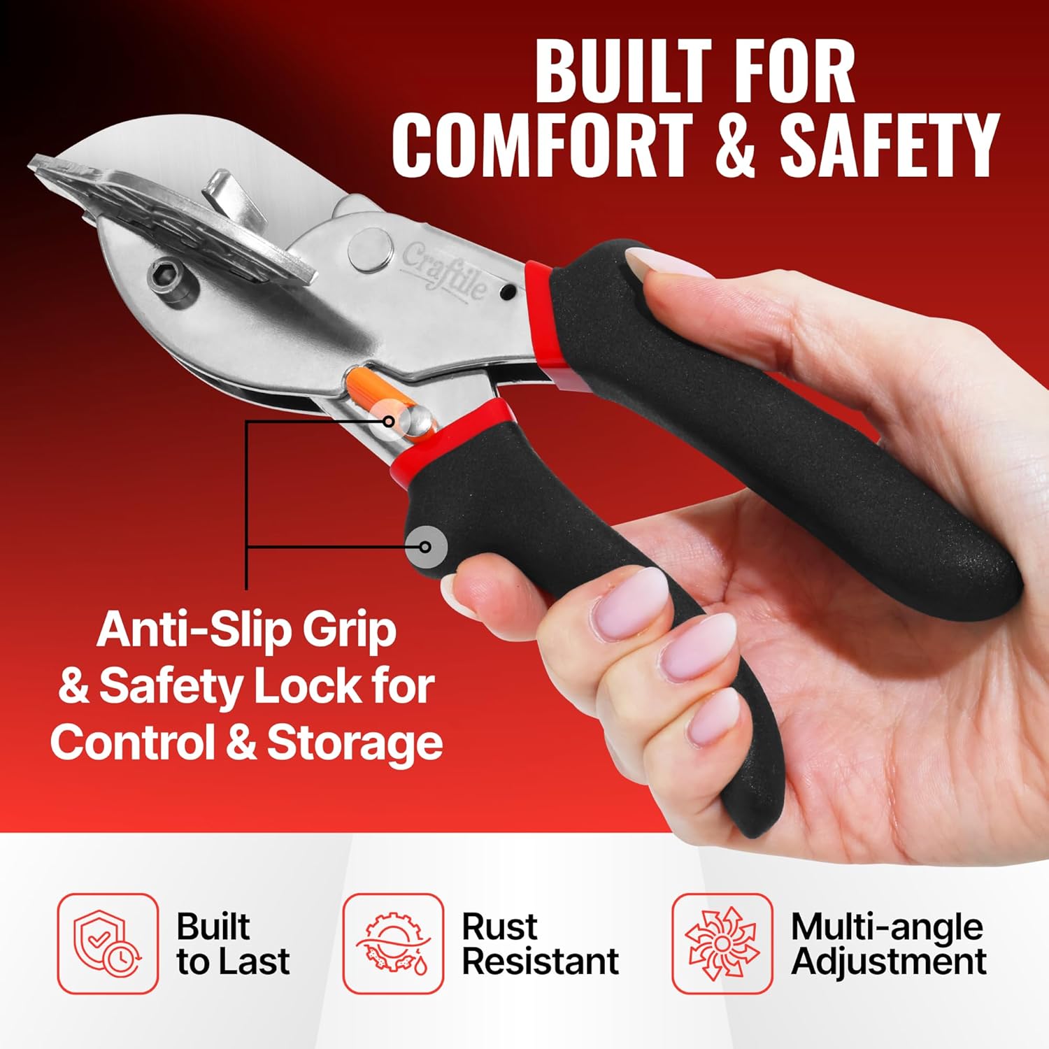 Multifunctional Miter Shears with 2 Stainless Steel Replacement Blades – Adjustable 45°–135° Angle Cutter, Quarter Round Cutting Tool with Ergonomic Anti-Slip Handle for PVC, Trim, Molding, Soft Wood