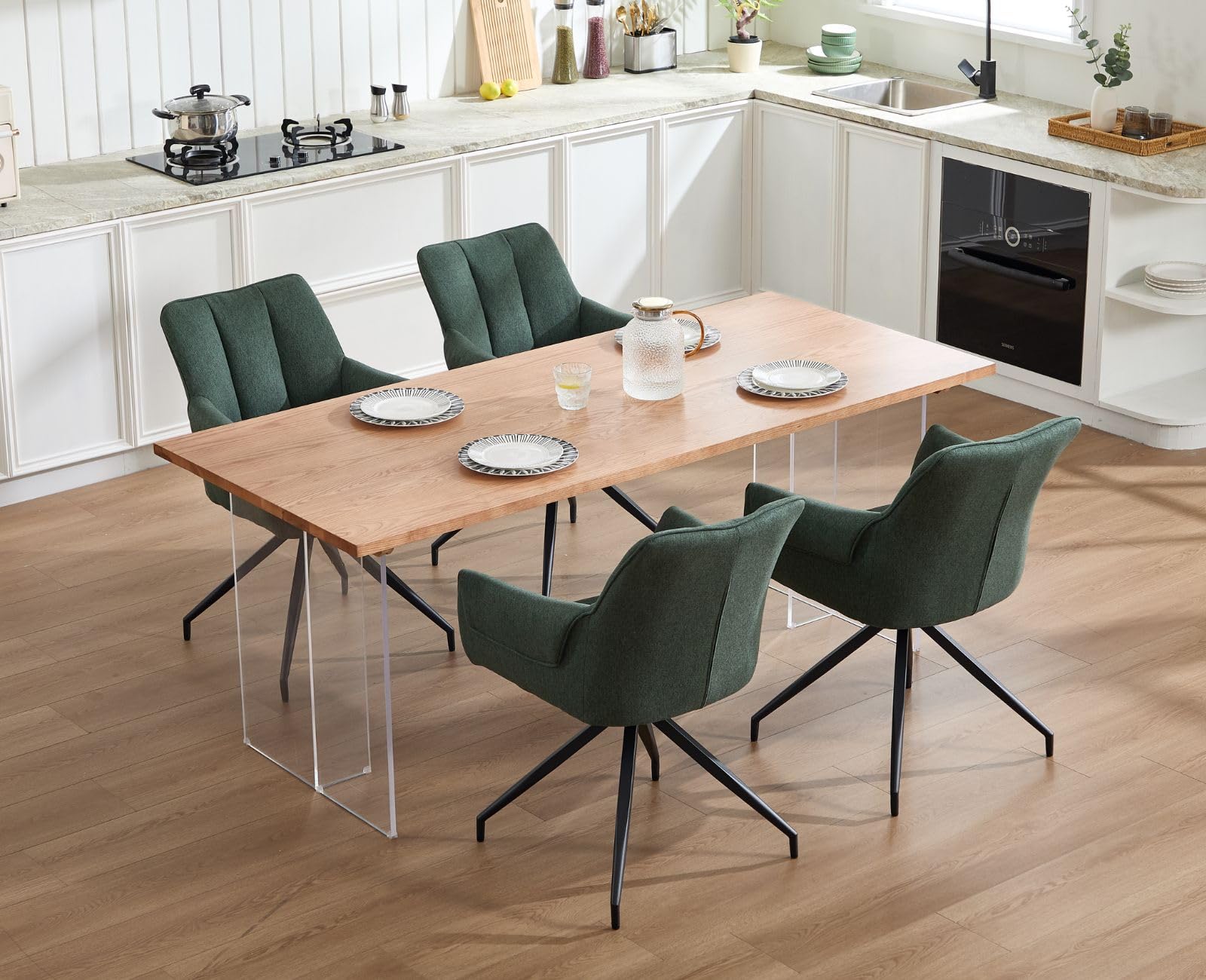chairus Lot de 4 Chaises de Salle à Manger Pivotantes, Chaise de Cuisine en Lin, Fauteuil Pivotante à 360° pour Bureau Salon Chambre, Vert-4