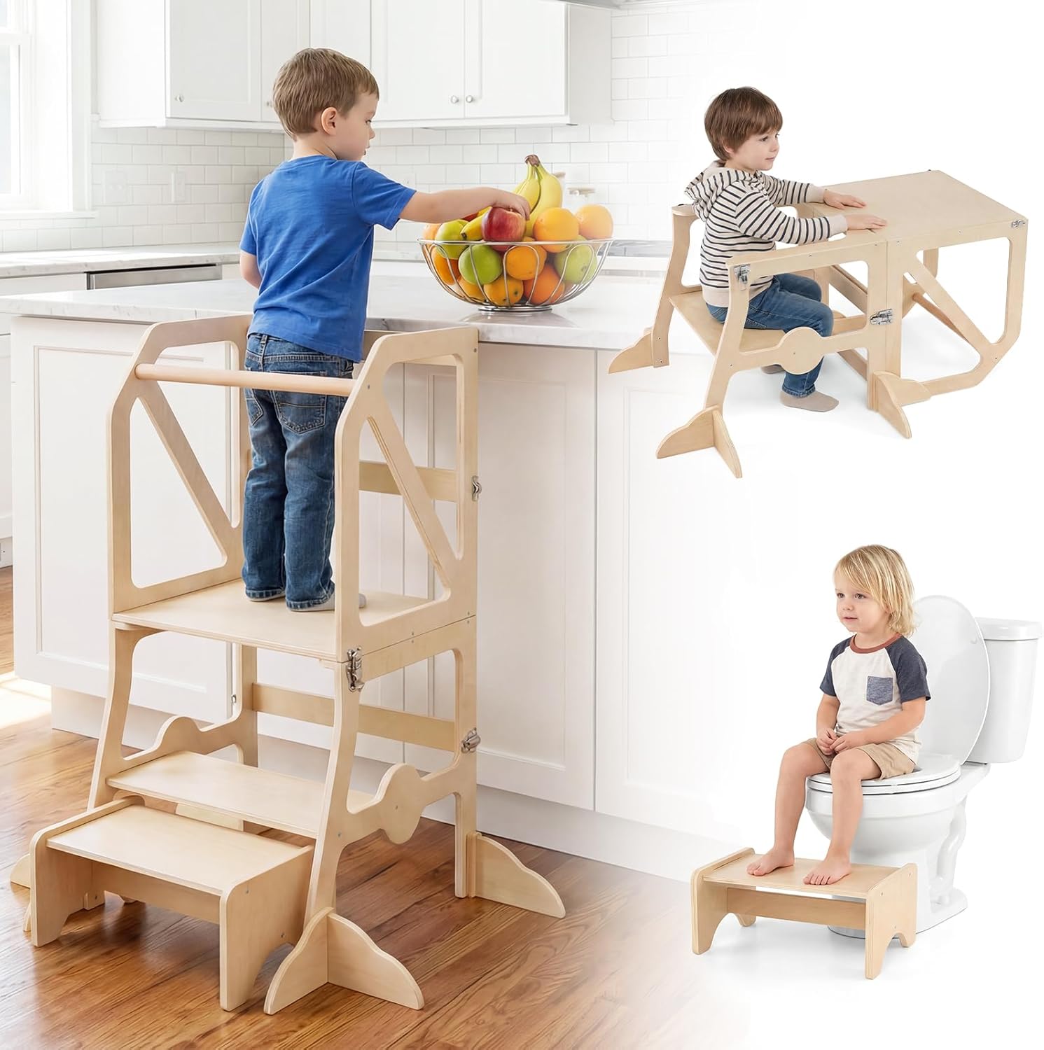 Costzon Convertible Toddler Tower, Wooden Children Table and Chair, Multifunctional Kids Kitchen Step Stool with Removable Safety Bar, Gift for Boys & Girls Aged 3+