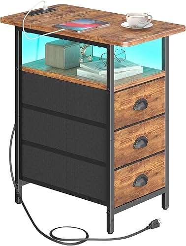 Miniatura 1 de Mesa auxiliar con estación de carga, mesas auxiliares LED con puertos USB y tomacorrientes, mesitas de noche estrechas con 3 cajones de tela para