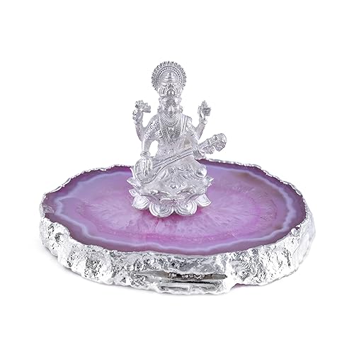 LBV 925 Sterling Silver Purity White Maa Saraswati Idol Murti Statue With Silver plated natural Agate Stone And Cute Bottle Of Ganga Jal For Pooja Room Housewarming Return Gift Home Decoration and Gifts