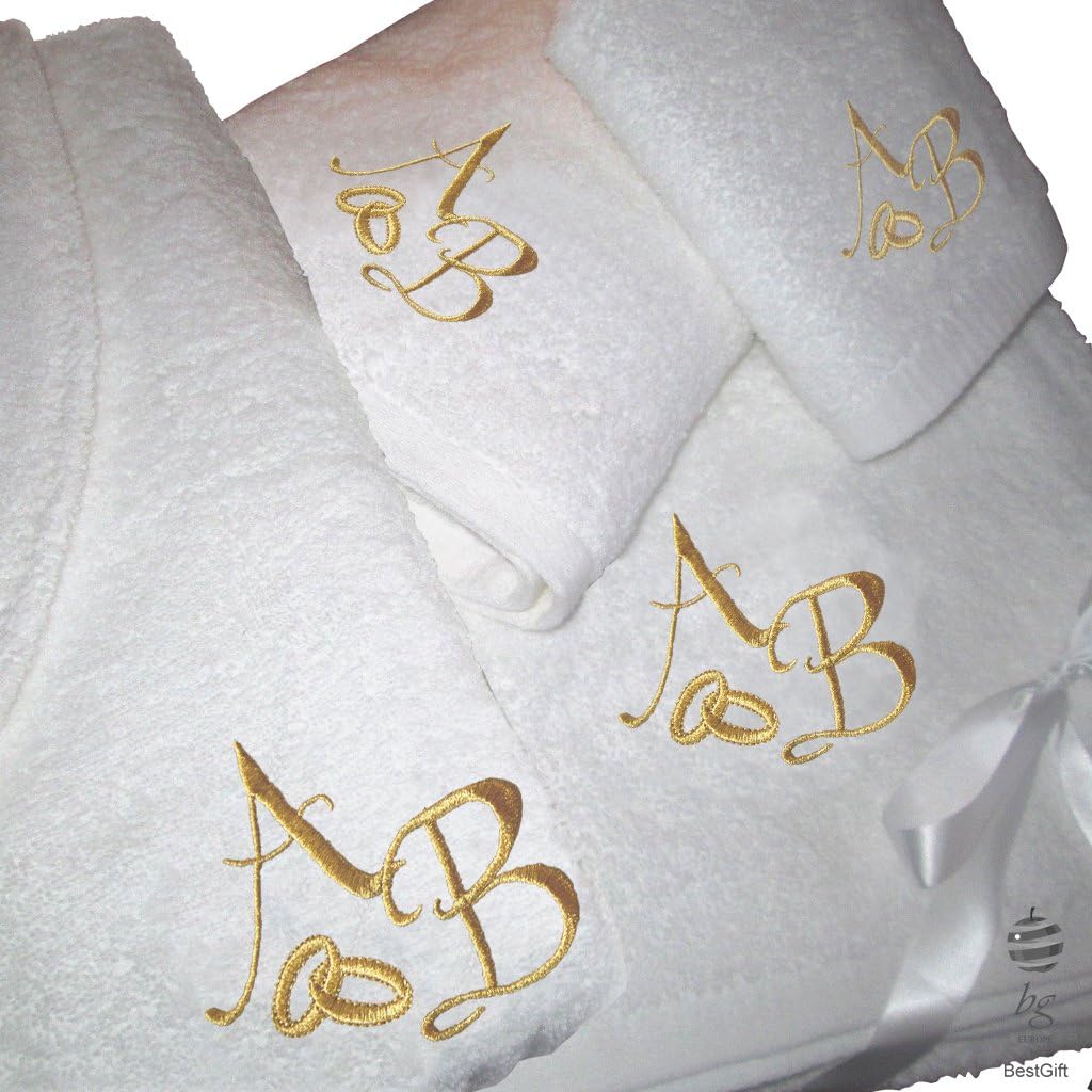BGEUROPE5 Stars Personalized Wedding Gift Anniversary Set - Bath Towels and Bathrobe with gold embroidery (M)