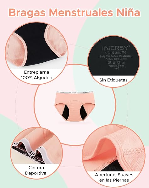INNERSY Bragas Menstruales Niña Ropa Interior Protección Algodón Braguitas Regla 8-16 Años Pack de 3 - 3