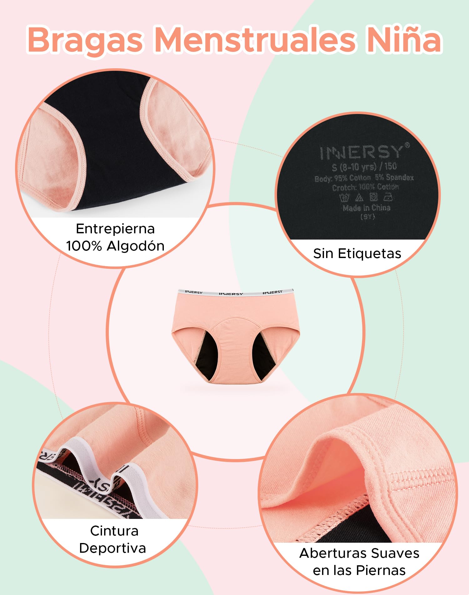 INNERSY Bragas Menstruales Niña Ropa Interior Protección Algodón Braguitas Regla 8-16 Años Pack de 3