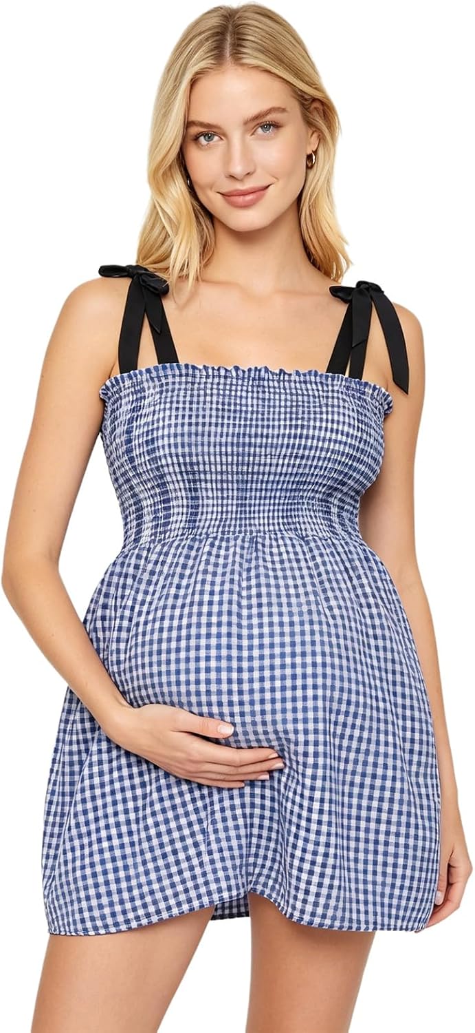 Pregnant Women Casual Top Plaid Checkered Camisole Pregnancy Blouse Shirred Vest for Going Out