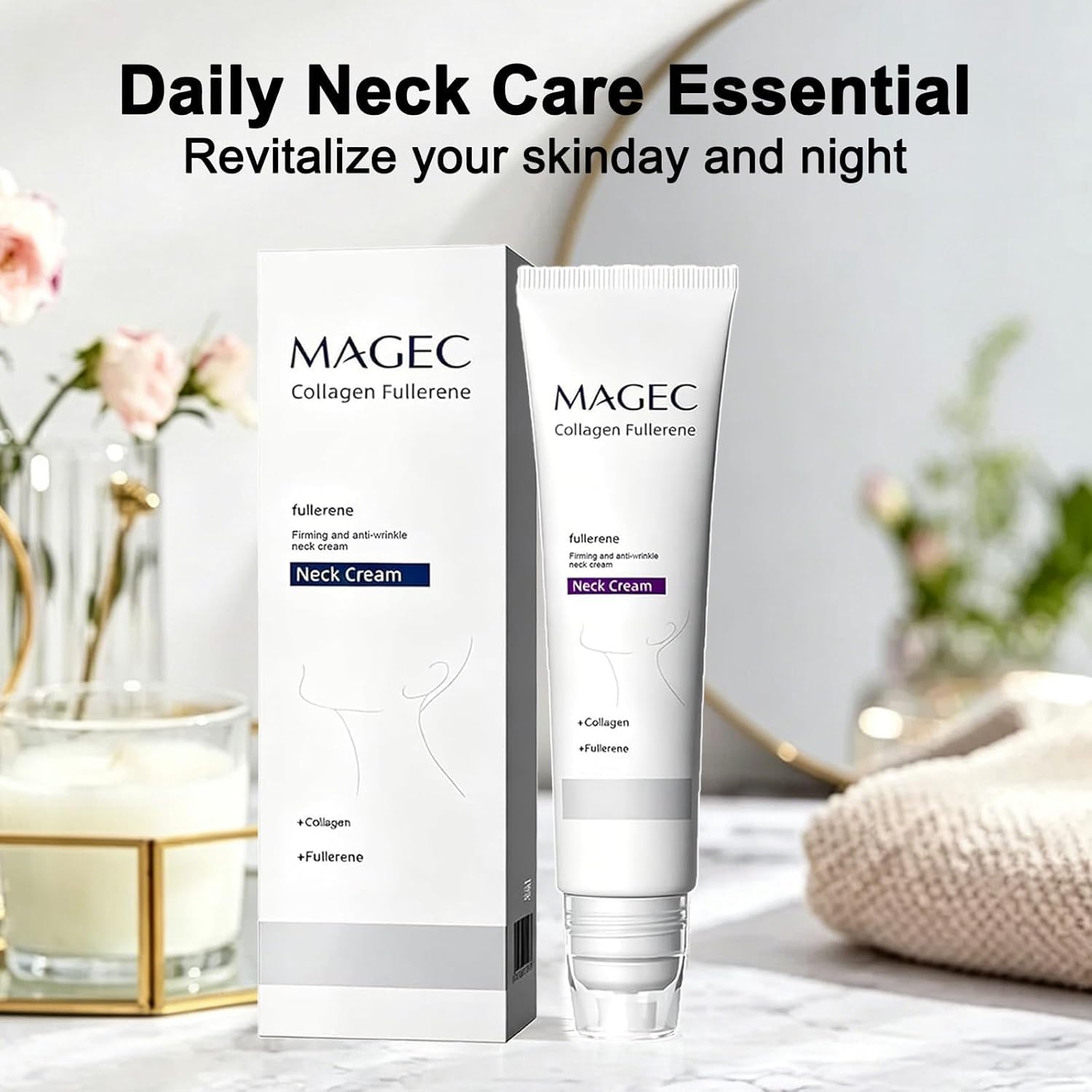 Magec Cream, Magic Collagen Fullerene Neck Cream, Tighten and Lift Firming Neck Cream for Crepey Skin, Collagen Neck Cream with Five Rollers, Reduces Wrinkles and Double Chin (1pcs)
