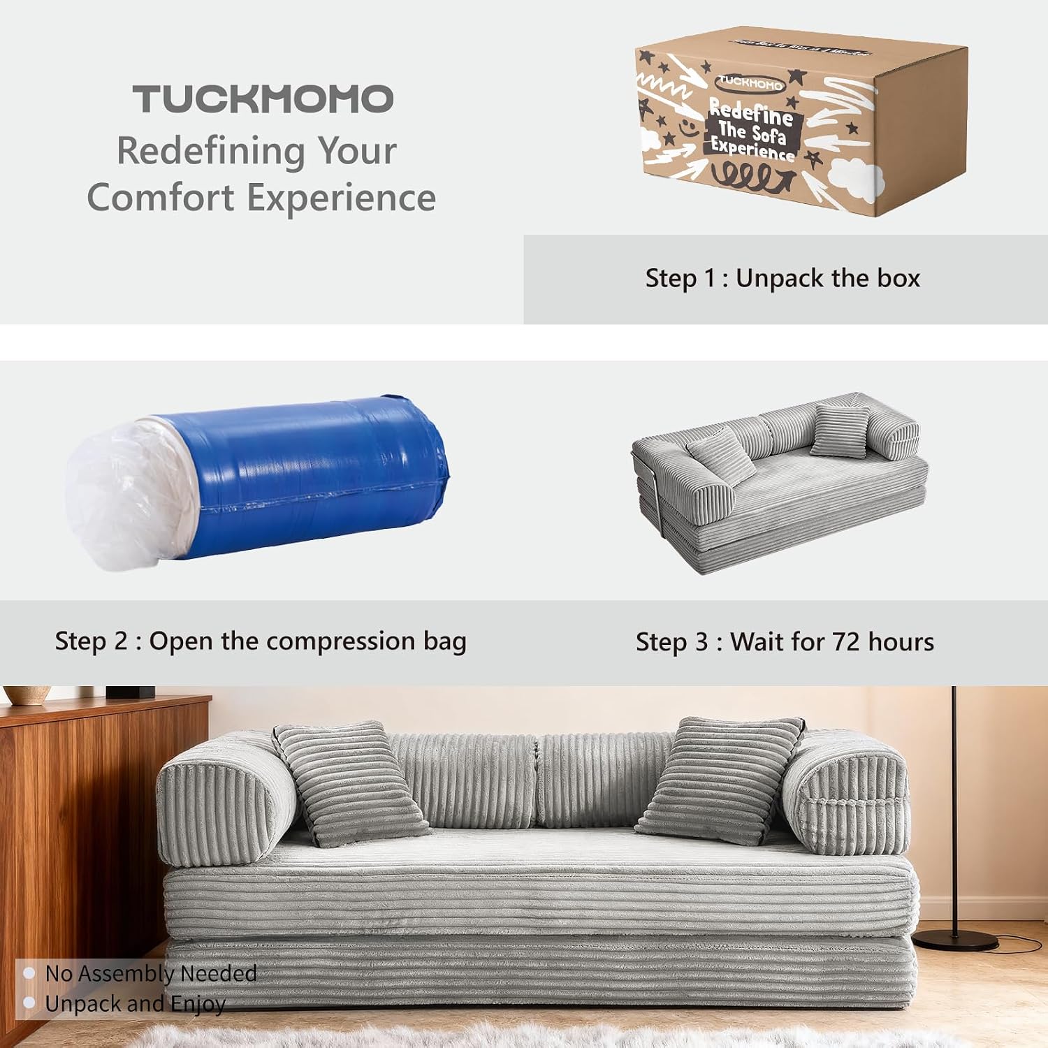 76.77 Inch Convertible Sofa Bed, Modern Corduroy Futon Boneless Couches Lounge Loveseat with Side Storage Pocket, Pull Out Sofa Bed for Living Room, Bedroom, No Assembly Required, Grey