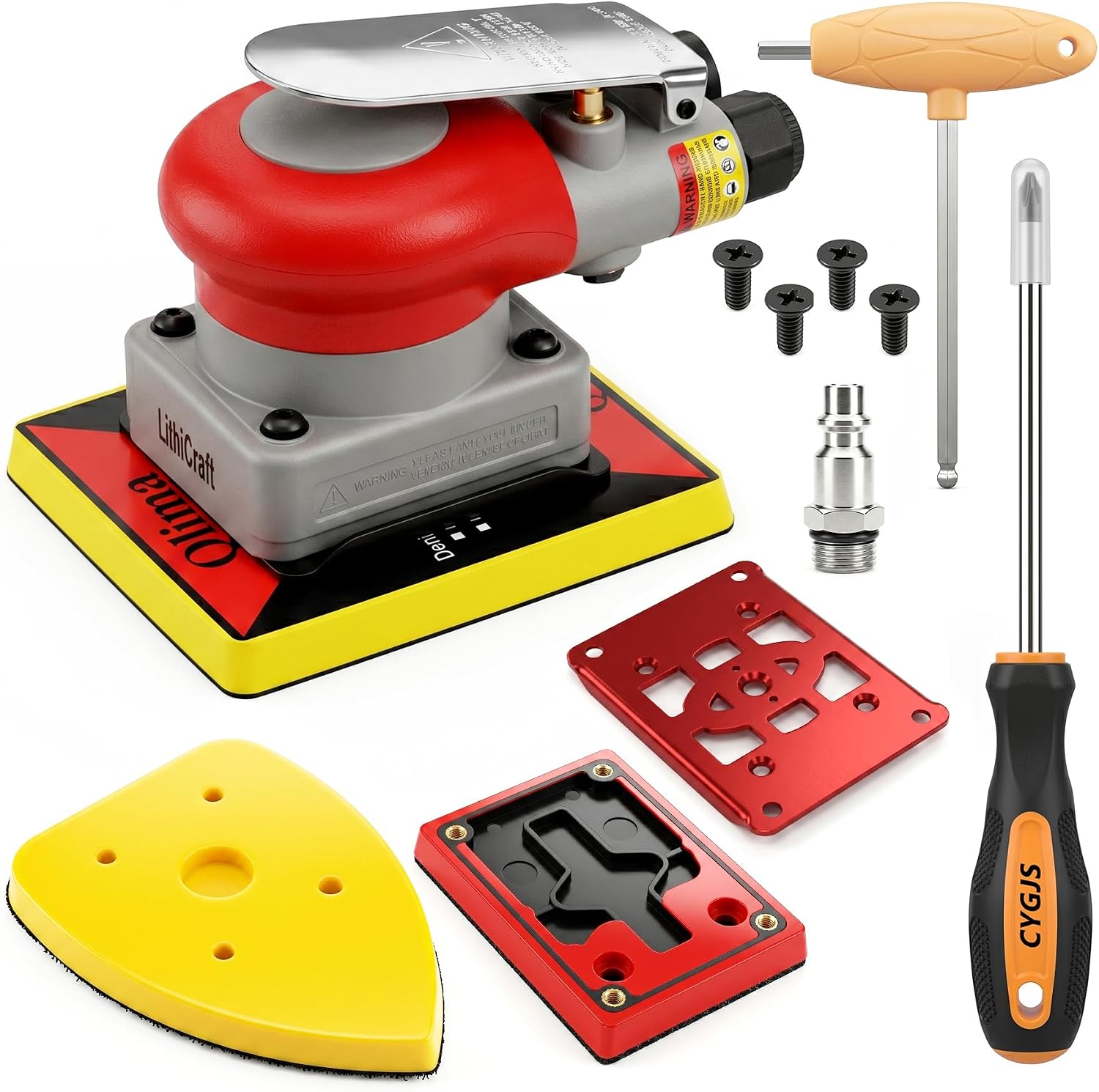 3-in-1Pneumatic Random Orbital Palm Sander, 4 x 4.3 in Air Square Sander, 10000 RPM, with 3 x 4 in Square panels and Triangle Detail Panel for Right-Angle Edges, Woodworking, Metal