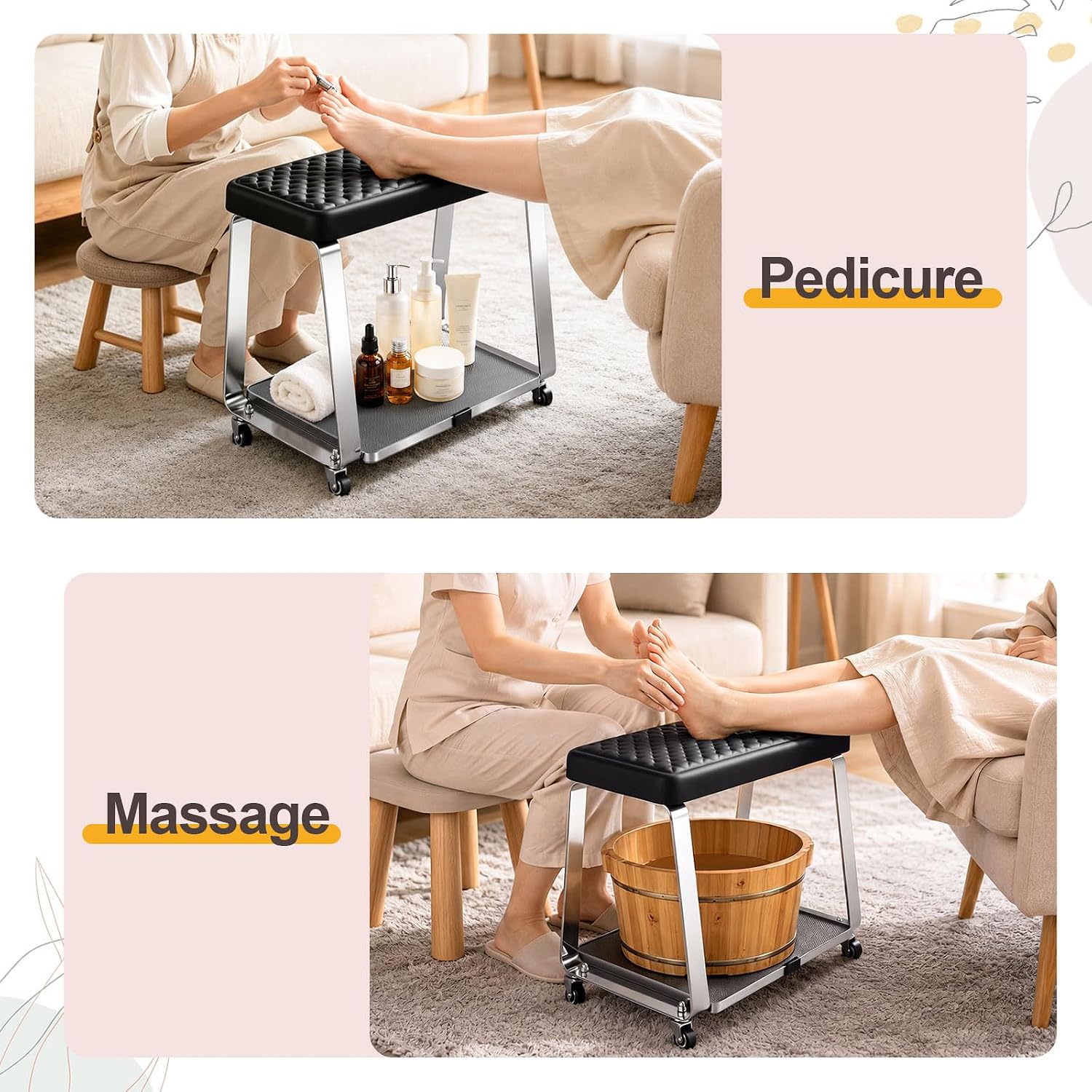 Pedicure Foot Rest for Nails Tech, Pedicure Cart with Wheels and Cushion Manicure Pedicure Stool for Spa, Salon, Massage & Home